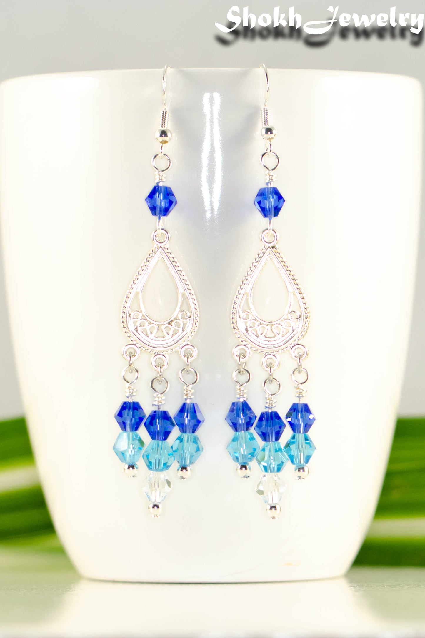 Ombre Blue Glass Crystal Chandelier Earrings.