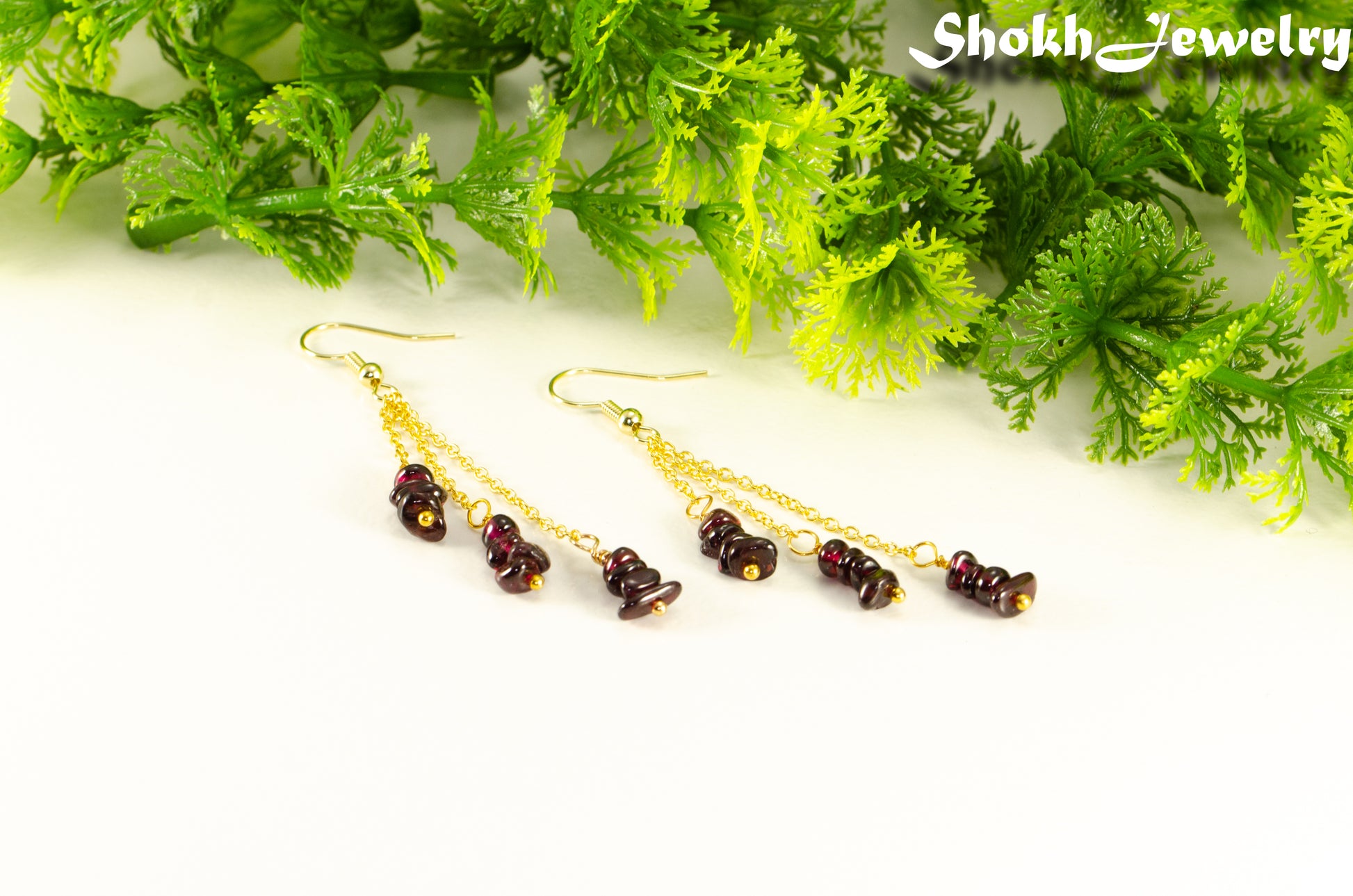 Long Gold Plated Chain and Garnet Crystal Chip Earrings for women.