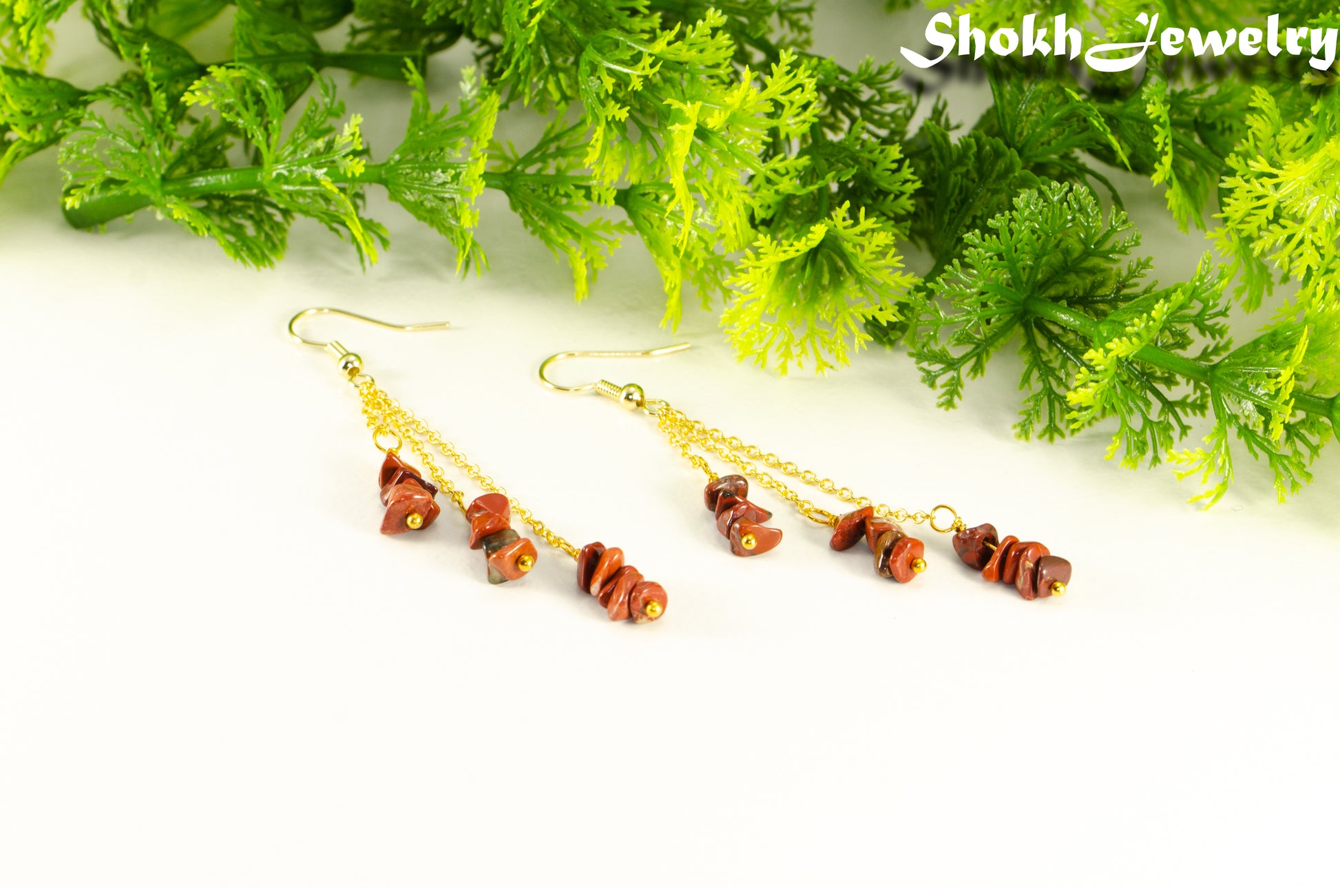 Long Gold Plated Chain and Red Jasper Chip Earrings for women.