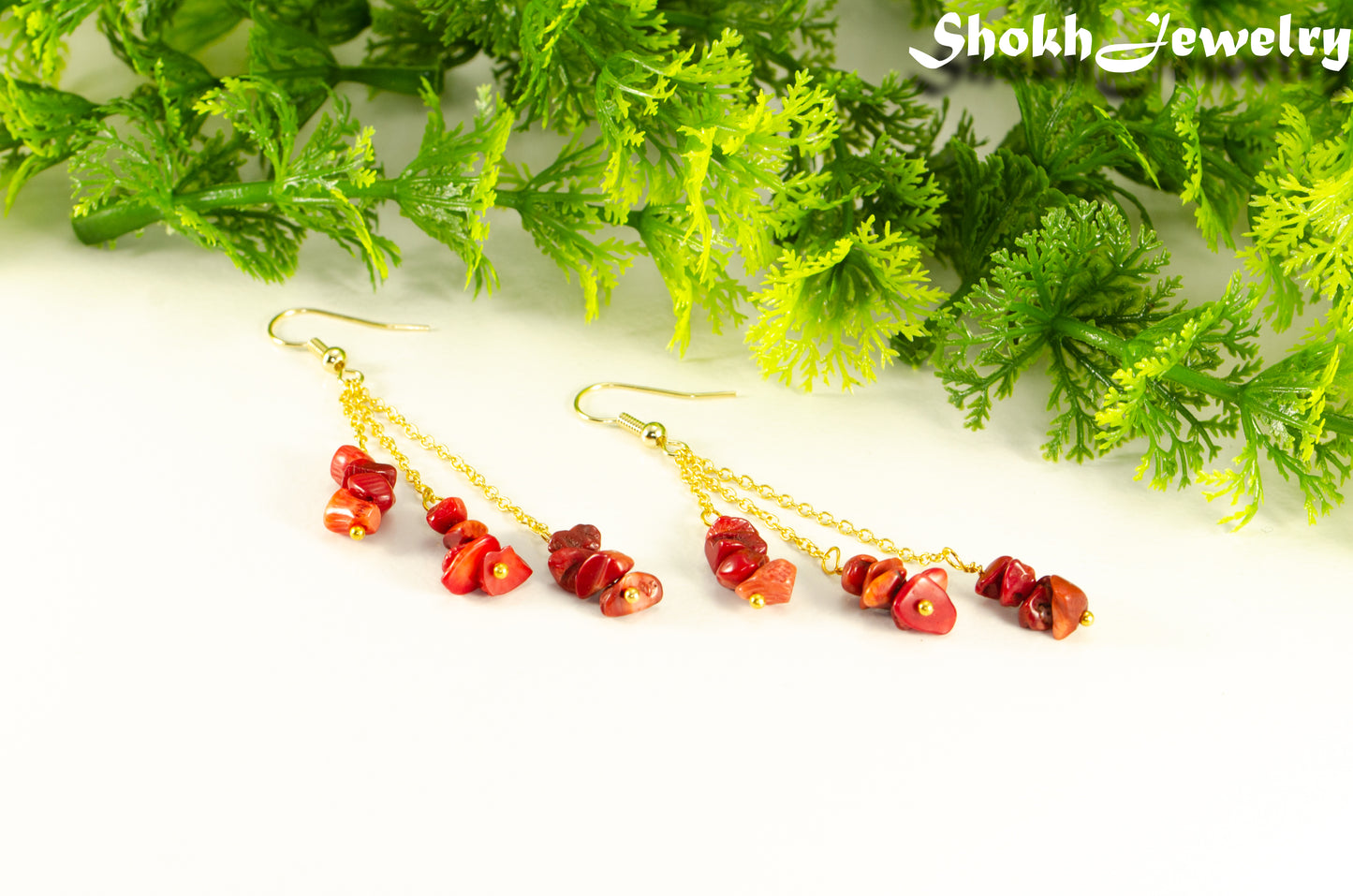 Long Gold Plated Chain and Red Dyed Bamboo Coral Chip Earrings for women.