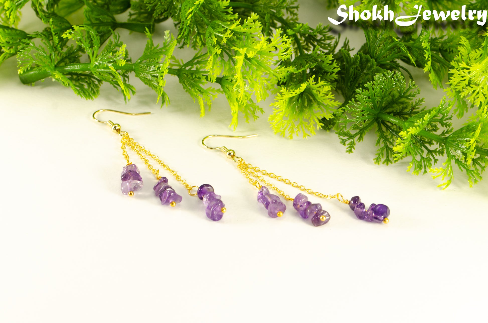Long Gold Plated Chain and Amethyst Crystal Chip Earrings for women.