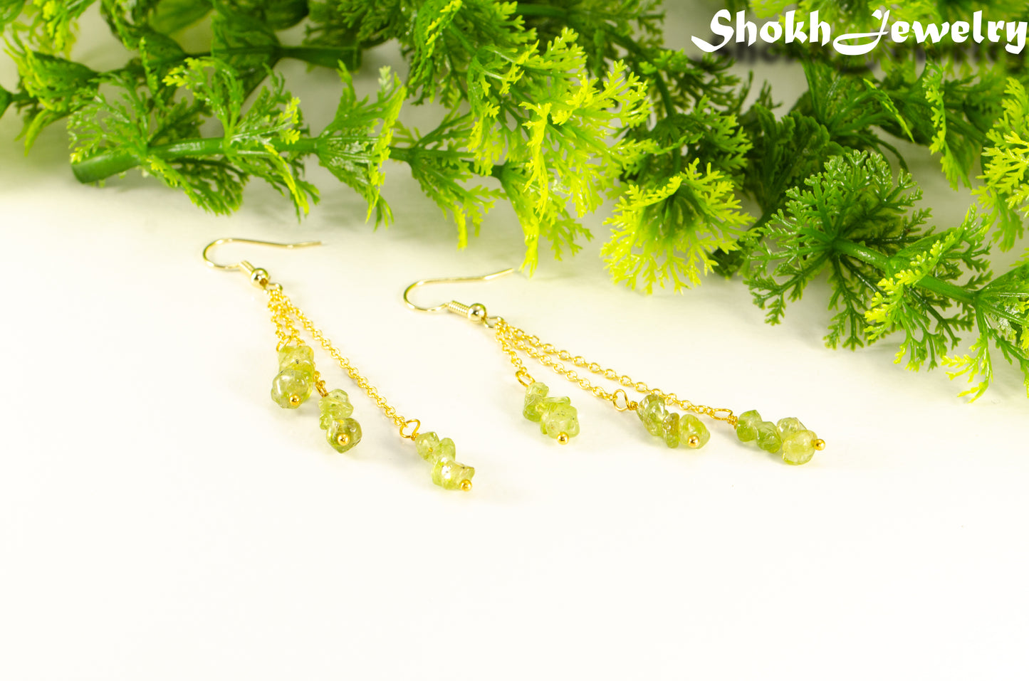 Long Gold Plated Chain and Peridot Chip Earrings for women.