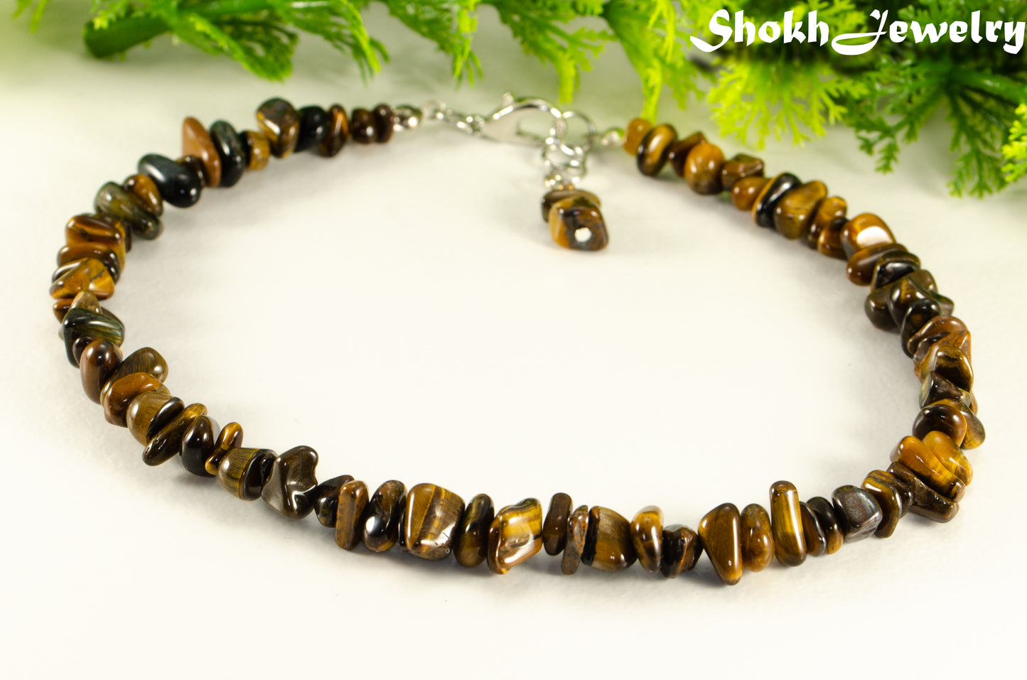 Close up of Natural Tiger's Eye Chip Anklet.