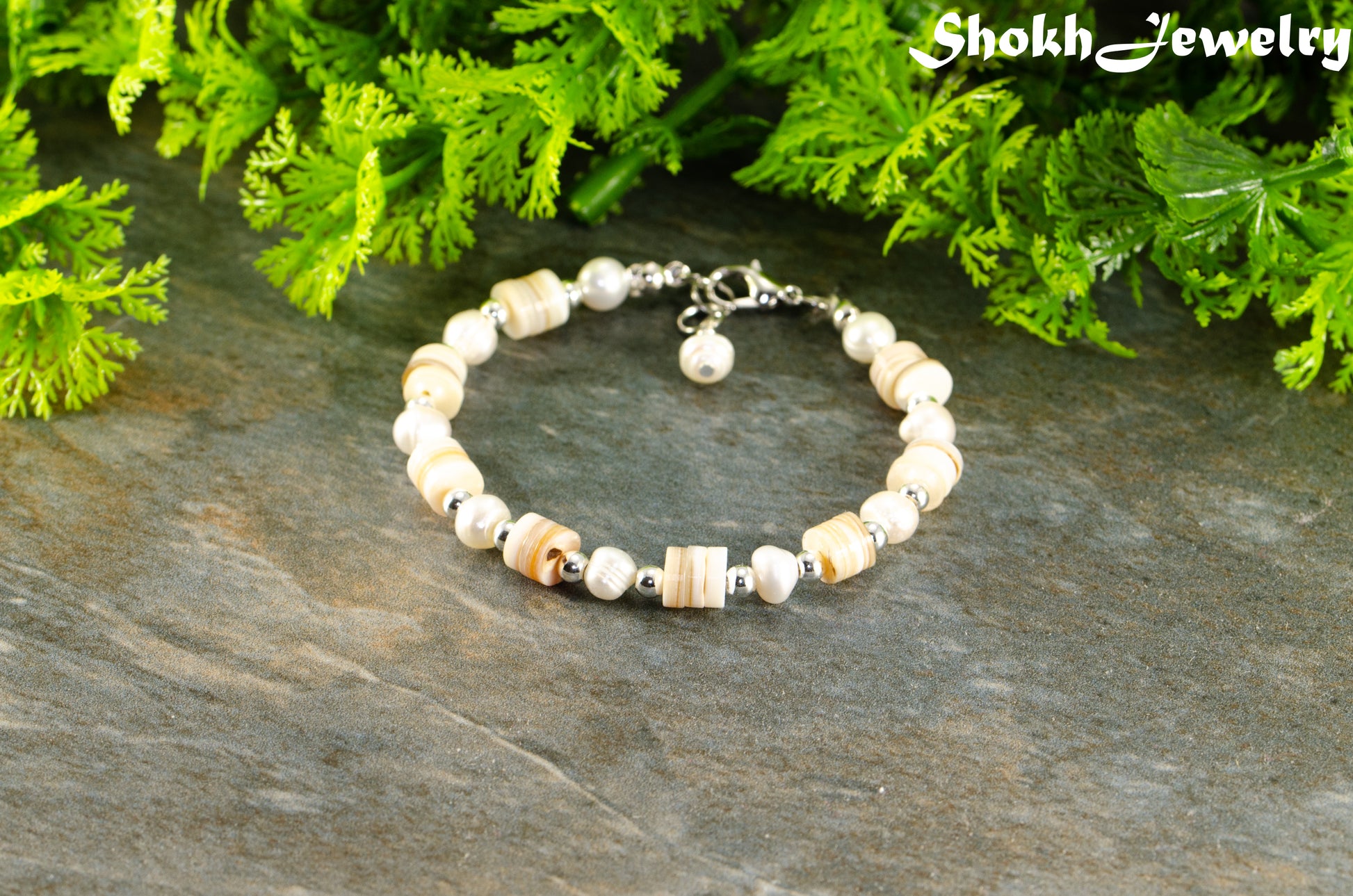 Freshwater Pearl and Seashell Bracelet with Clasp.