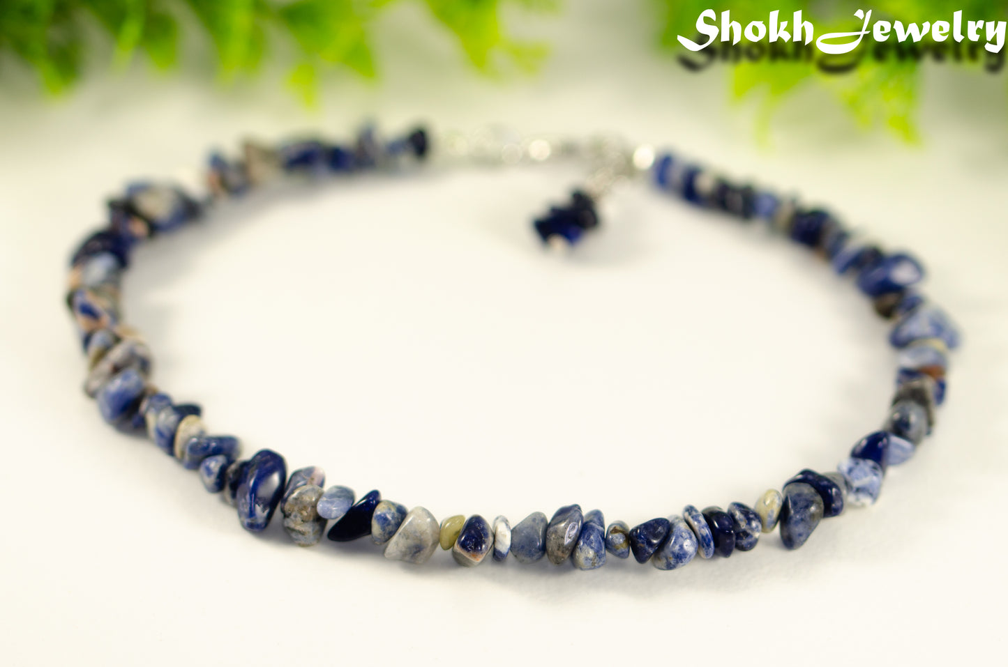 Close up of Natural Sodalite Crystal Chip Anklet.