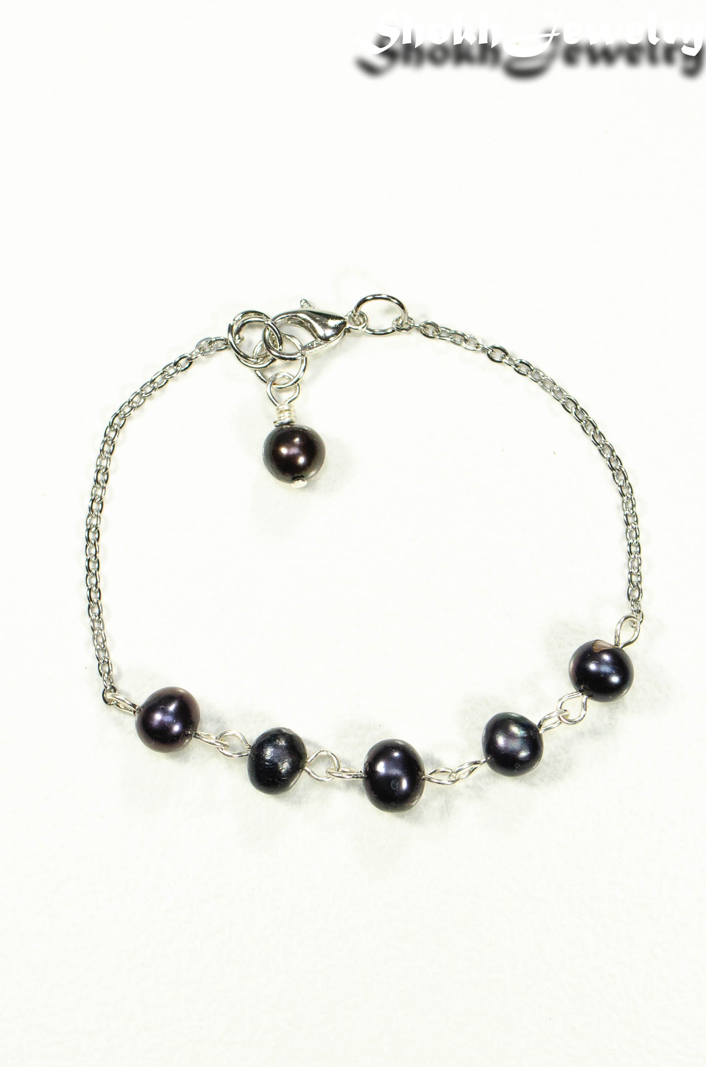 Top view of Black Pearl and Stainless Steel Chain Anklet.