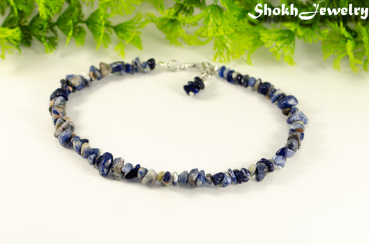 Natural Sodalite Crystal Chip Anklet with lobster claw clasp closure.