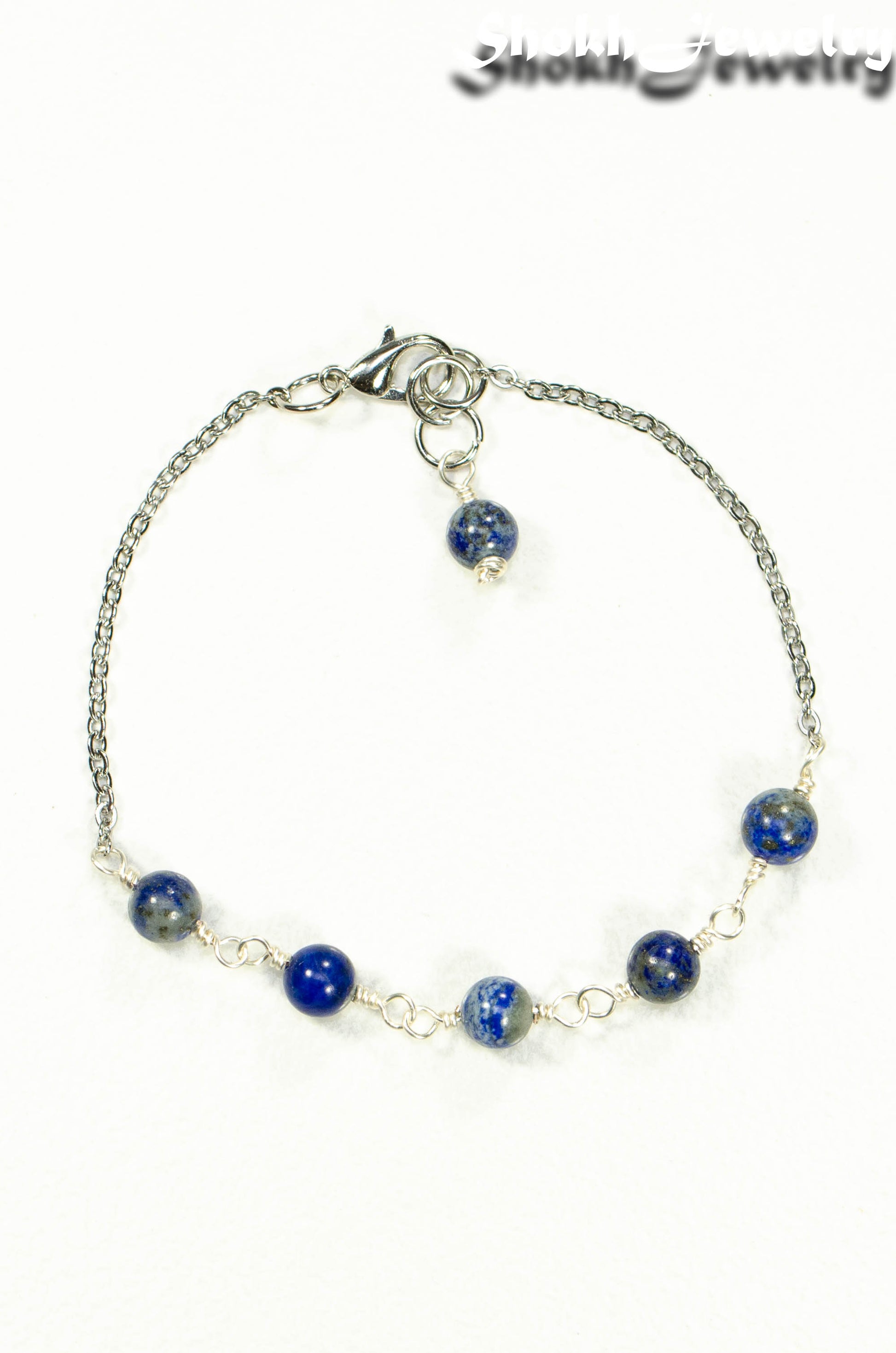 Top view of Lapis Lazuli and Stainless Steel Chain Anklet.