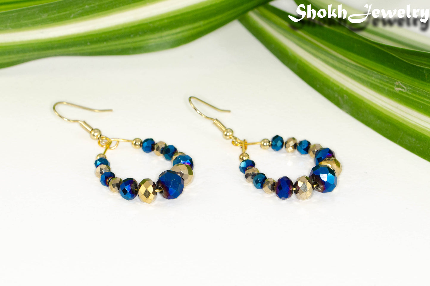 Blue and Gold Glass Crystal Hoop Earrings with ear wires.