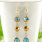 Gold and Patina Blue Glass Bead Dangle Earrings
