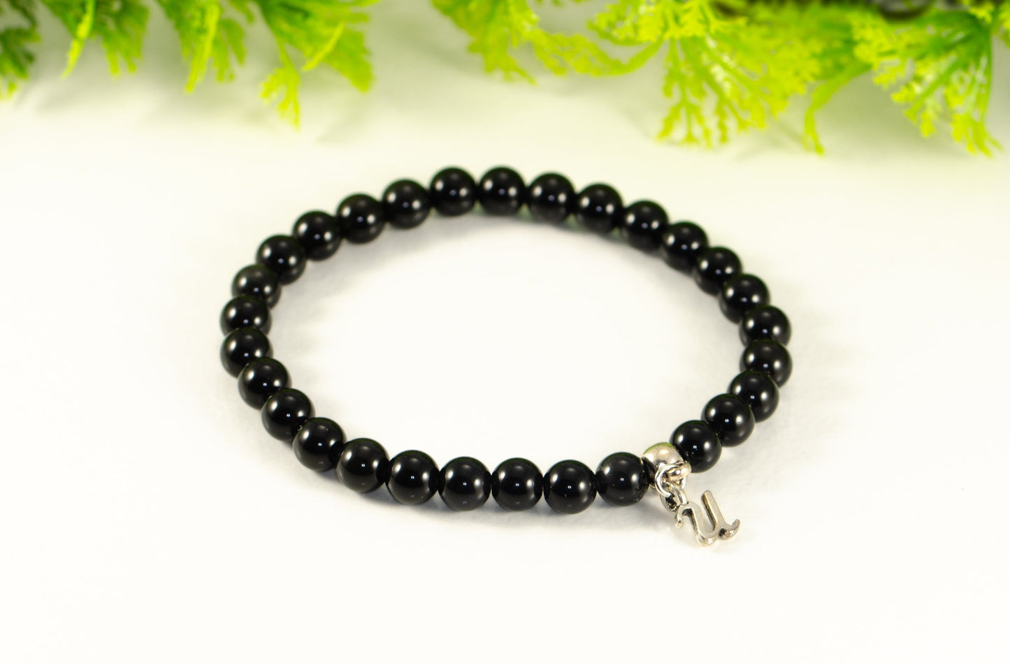 6mm Black Obsidian Bracelet with Initial.