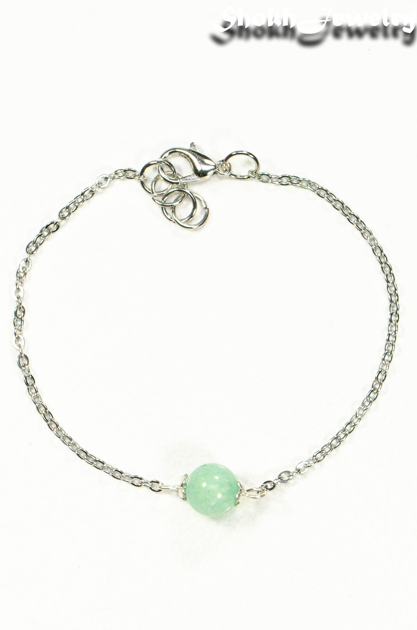 Top view of 8mm Mint Green Quartz and Chain Anklet.