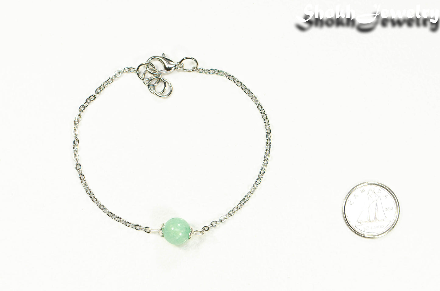 8mm Mint Green Quartz and Chain Anklet beside a dime.