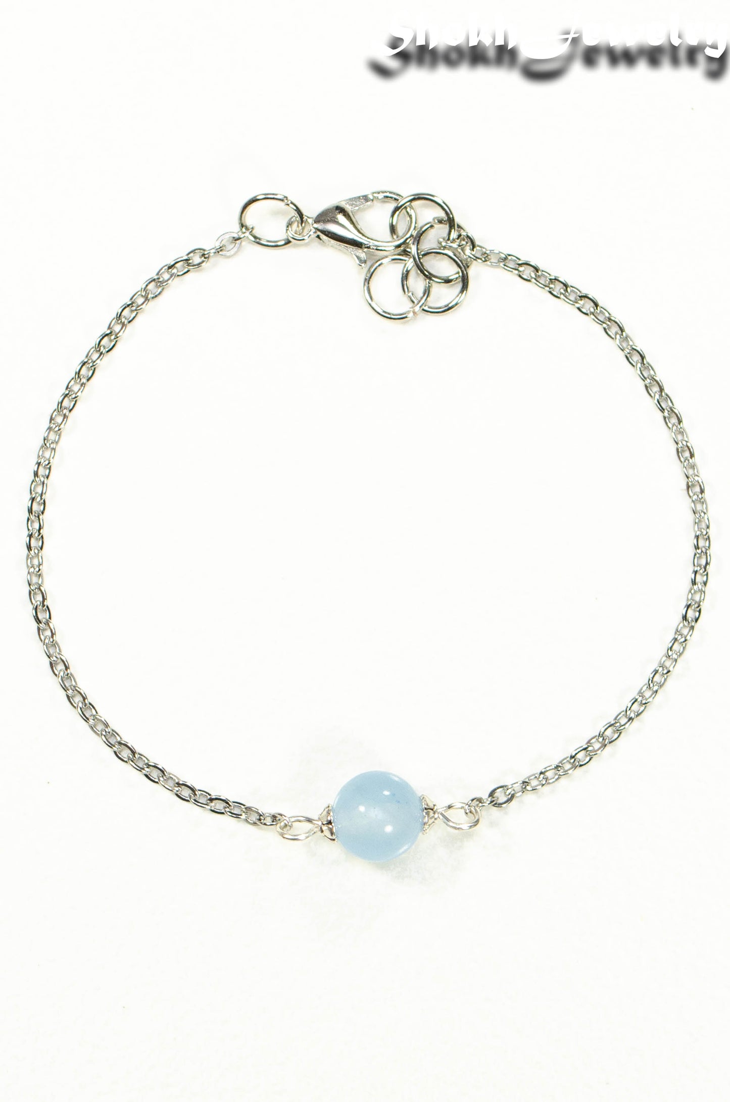 Top view of 8mm Aquamarine and Chain Anklet.