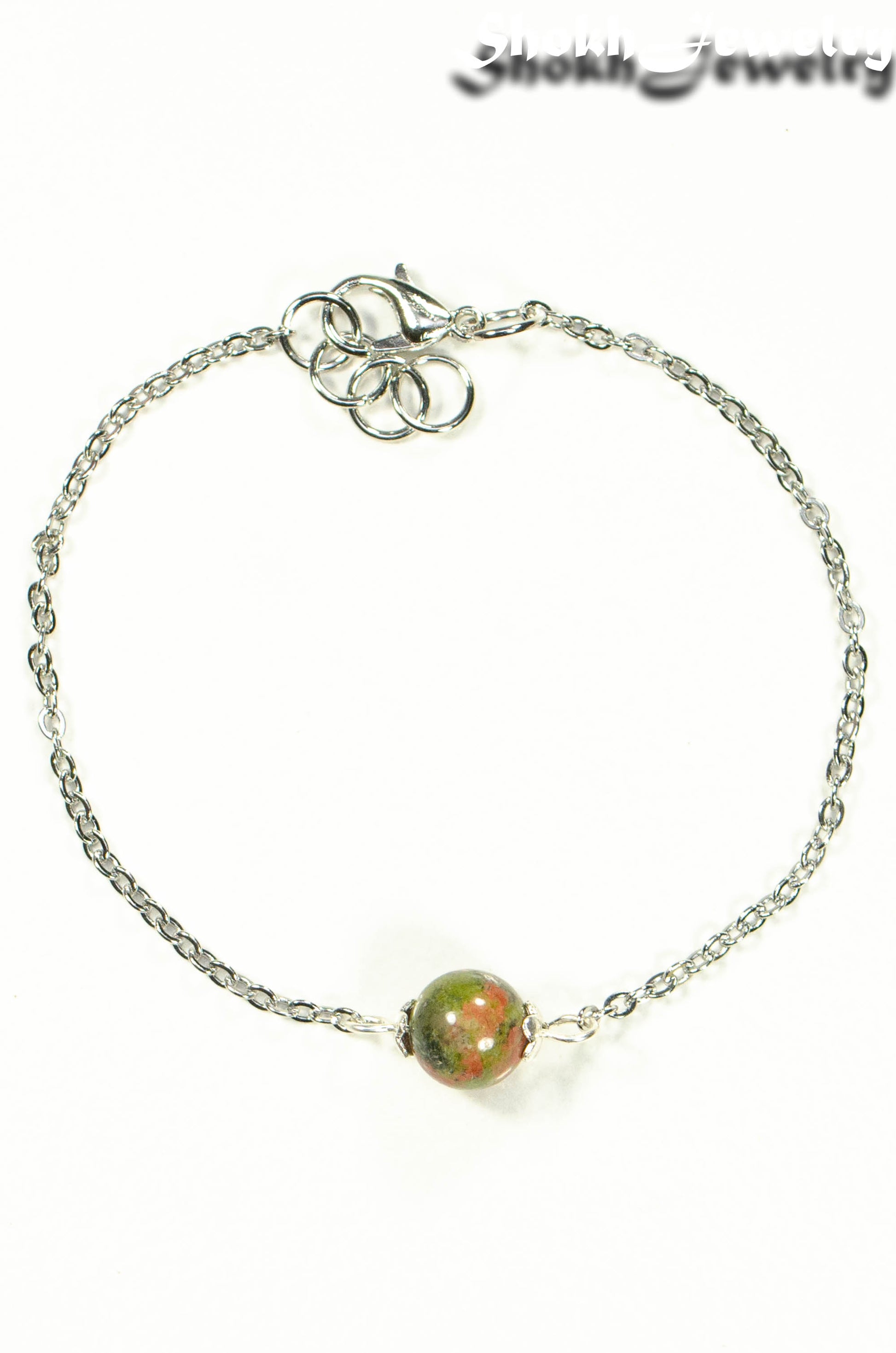 Top view of 8mm Unakite Jasper and Chain Anklet.