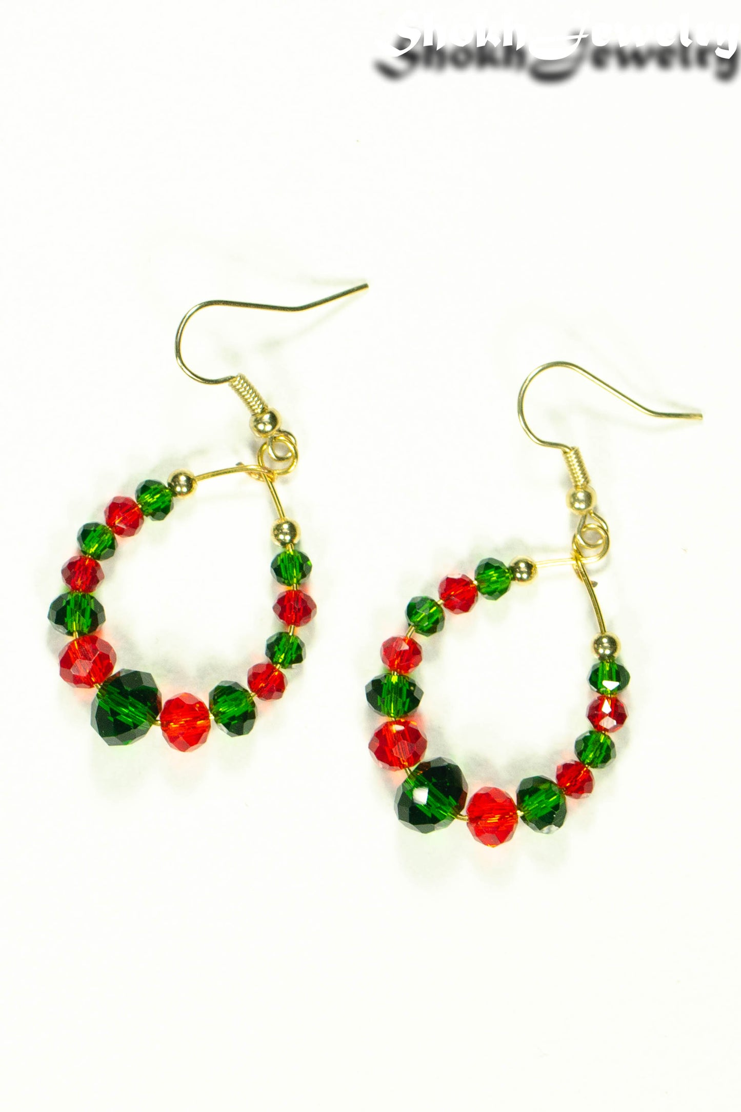 Top view of Green and Red Glass Crystal Hoop Earrings.