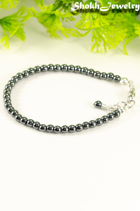 Close up of 4mm Hematite Stone Anklet with Clasp.