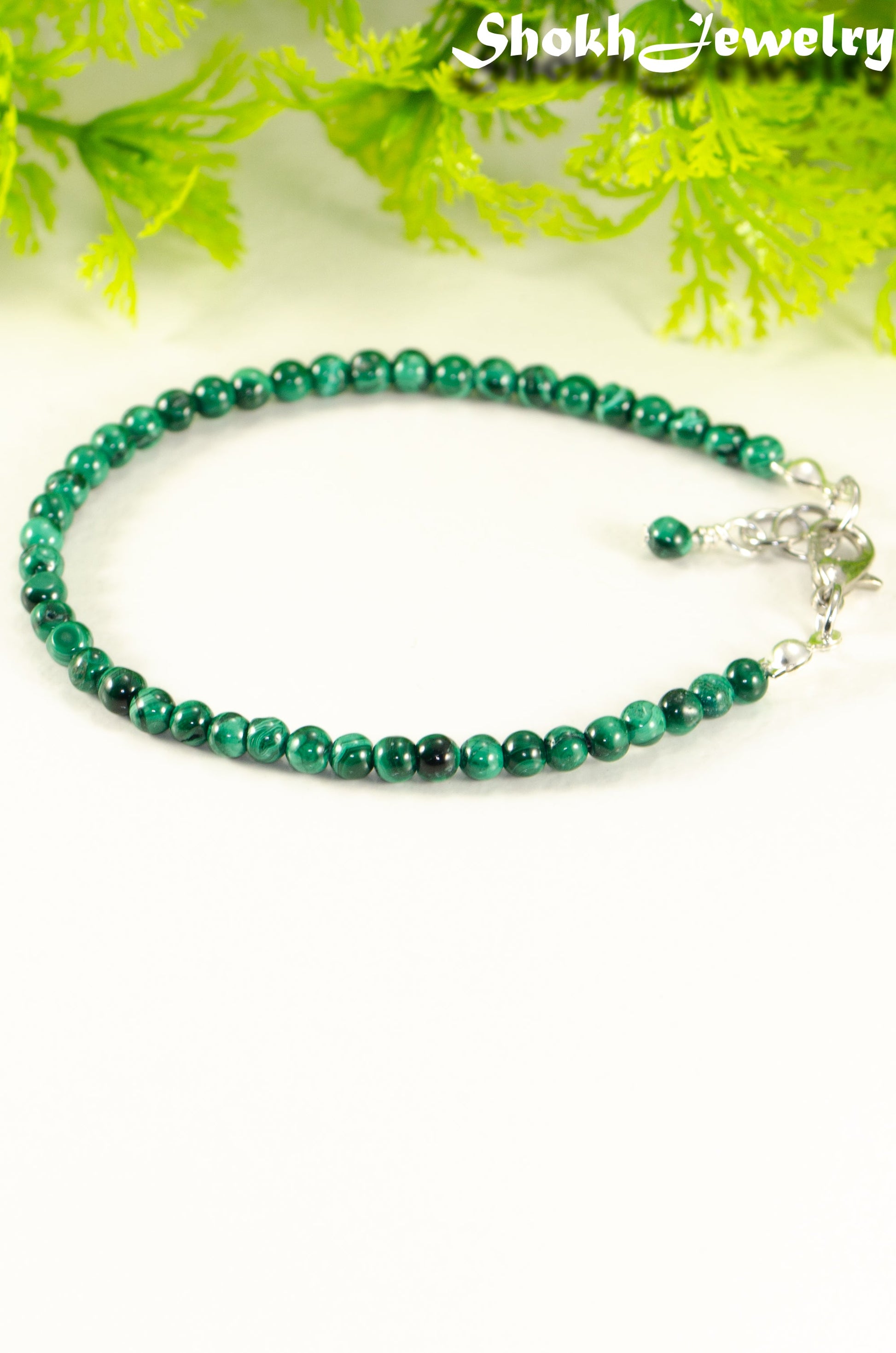 Close up of 3mm Natural Malachite anklet with Clasp.