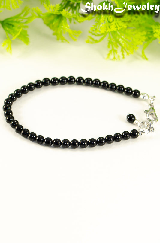 Close up of 4mm Black Obsidian Crystal anklet with Clasp.