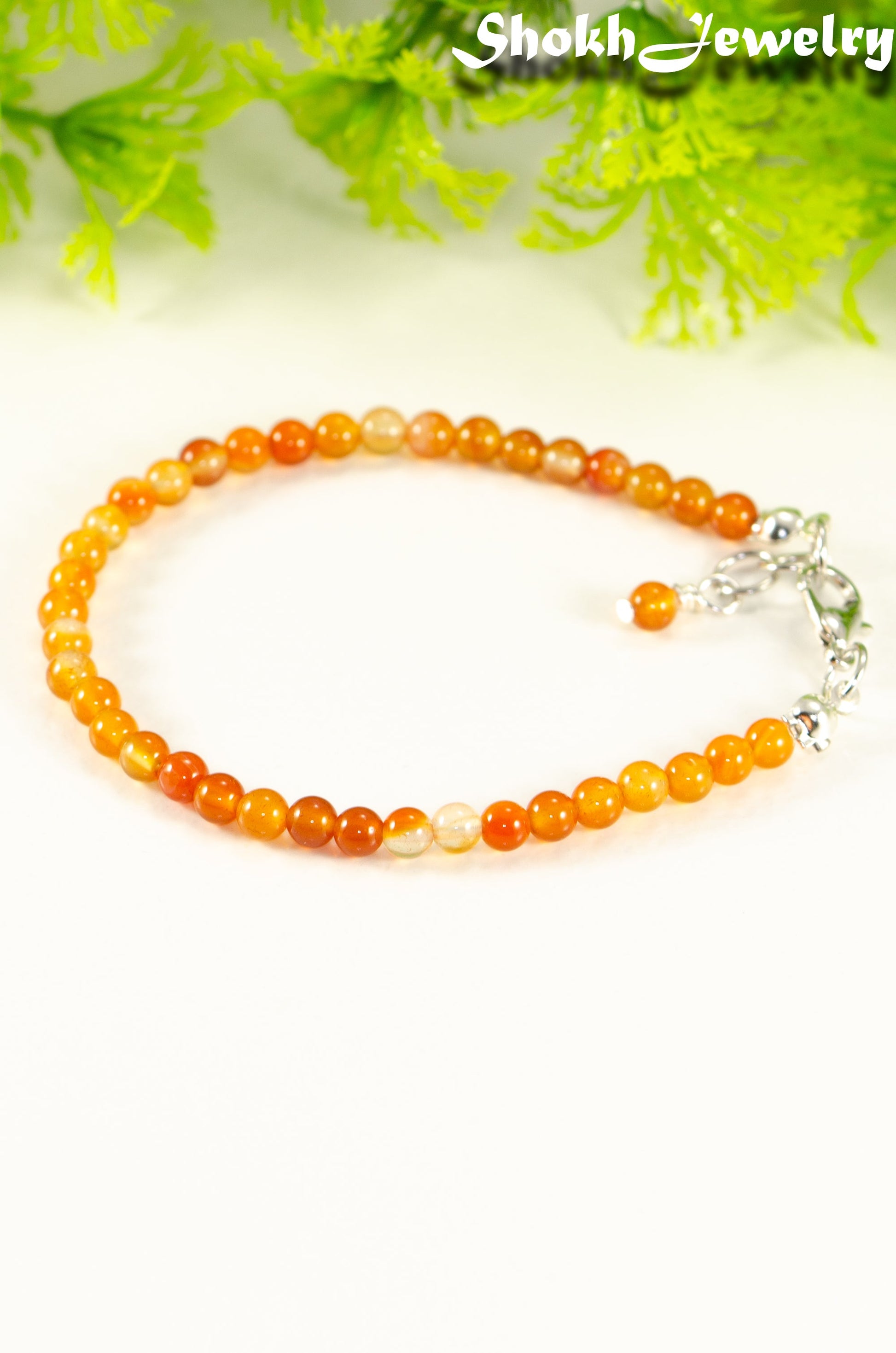 Close up of 4mm Carnelian Crystal Anklet with Clasp.