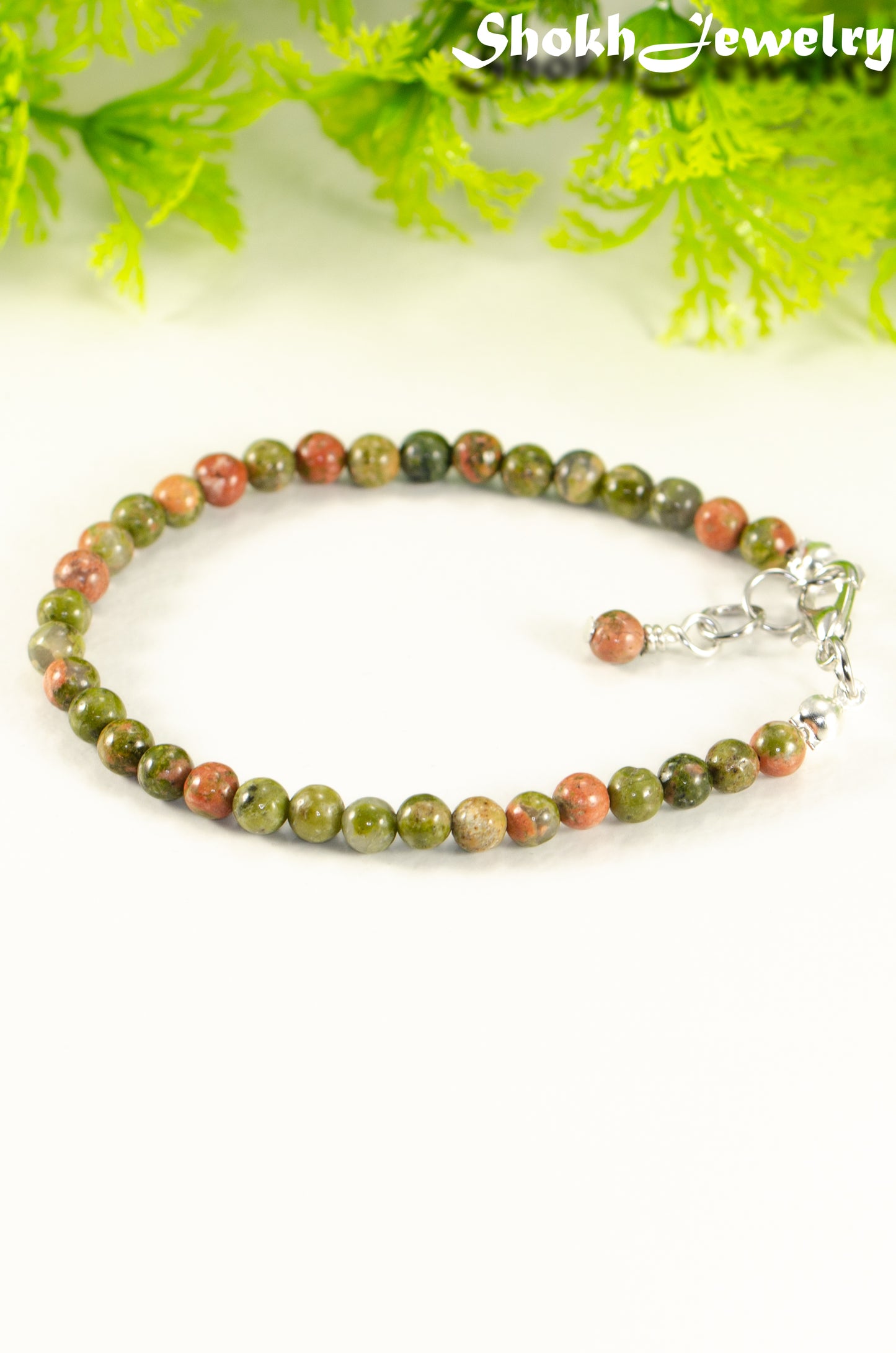 Close up of 4mm Natural Unakite Bracelet with Clasp.