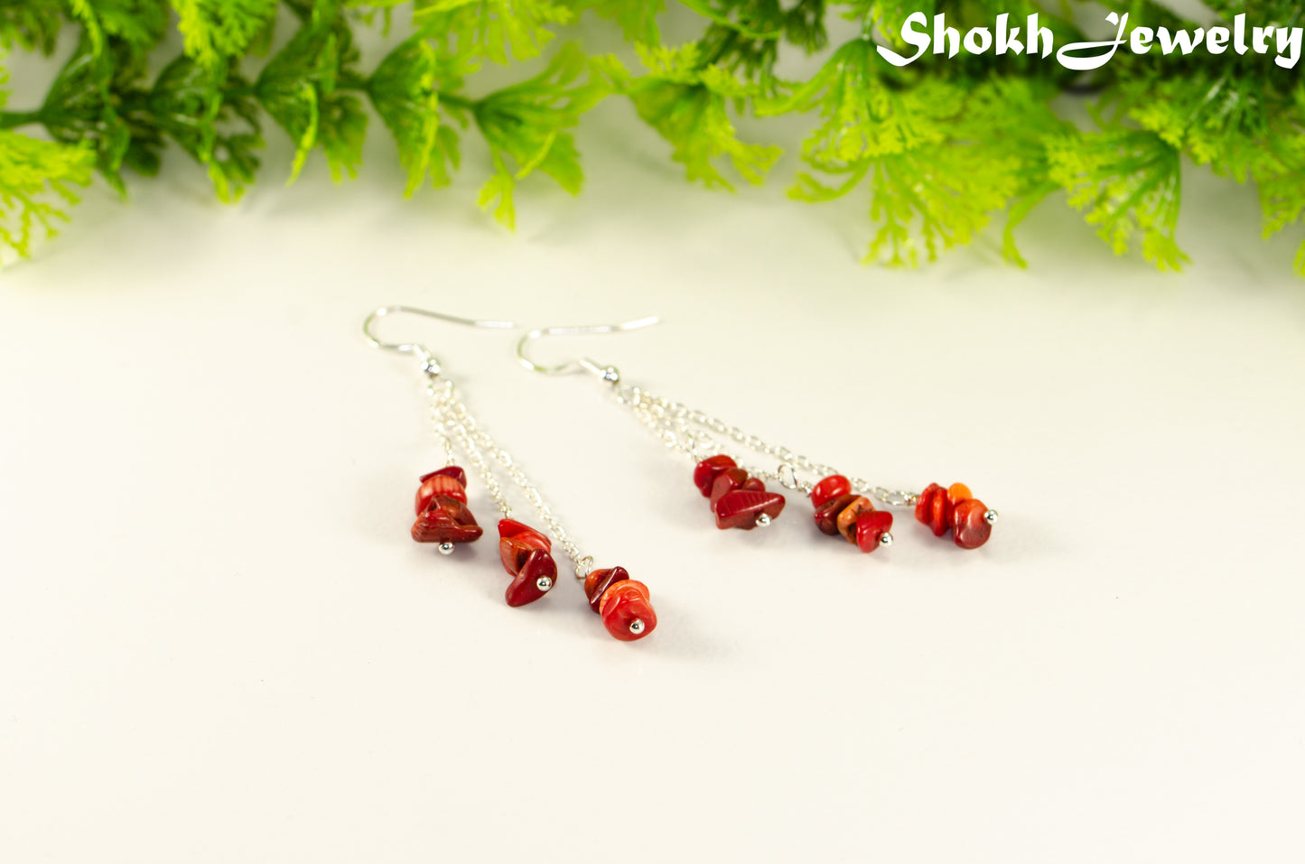 Long Silver Plated Chain and Red Coral Chip Earrings.