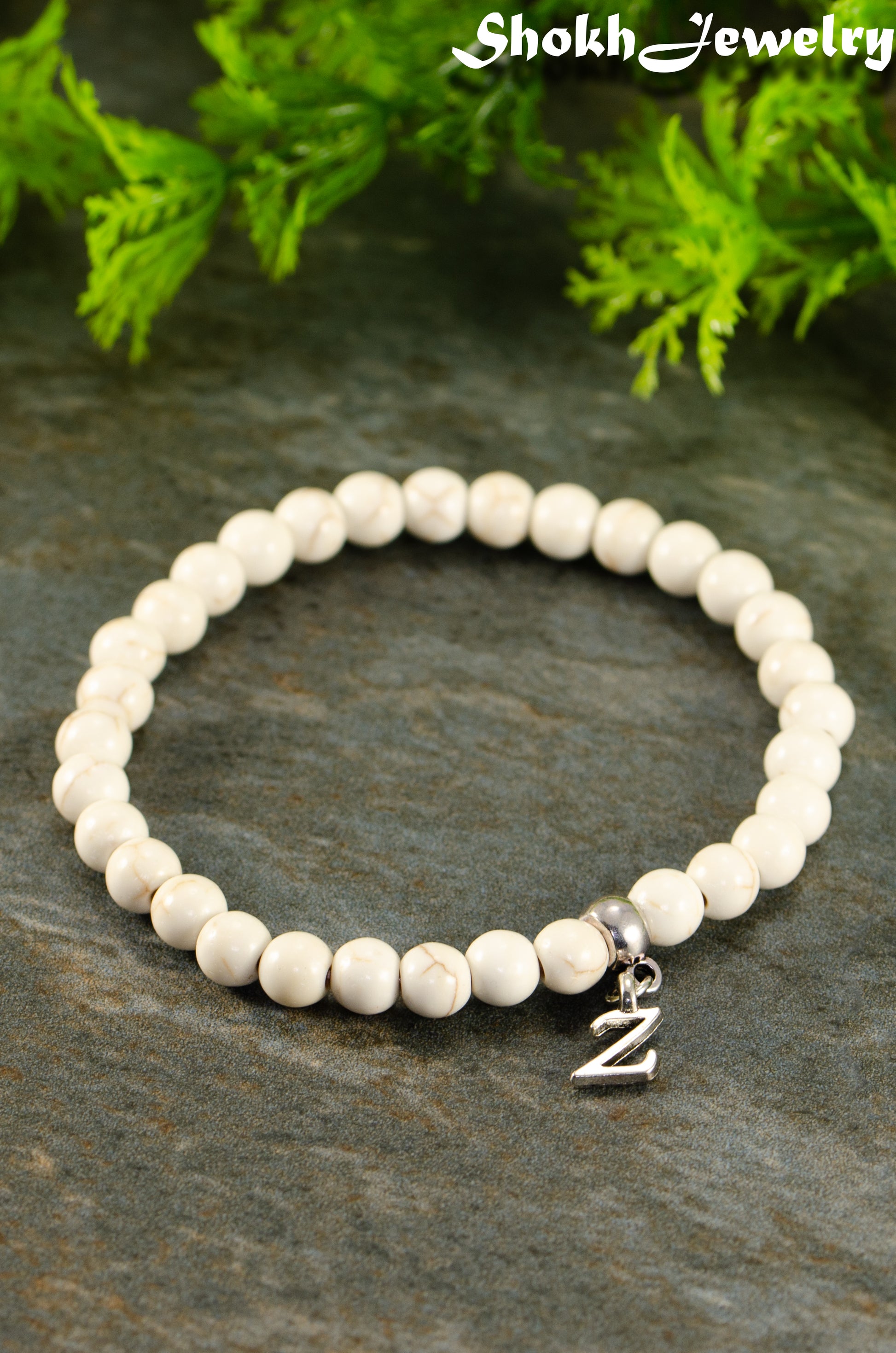 Close up of 6mm White Howlite Bracelet with Initial.