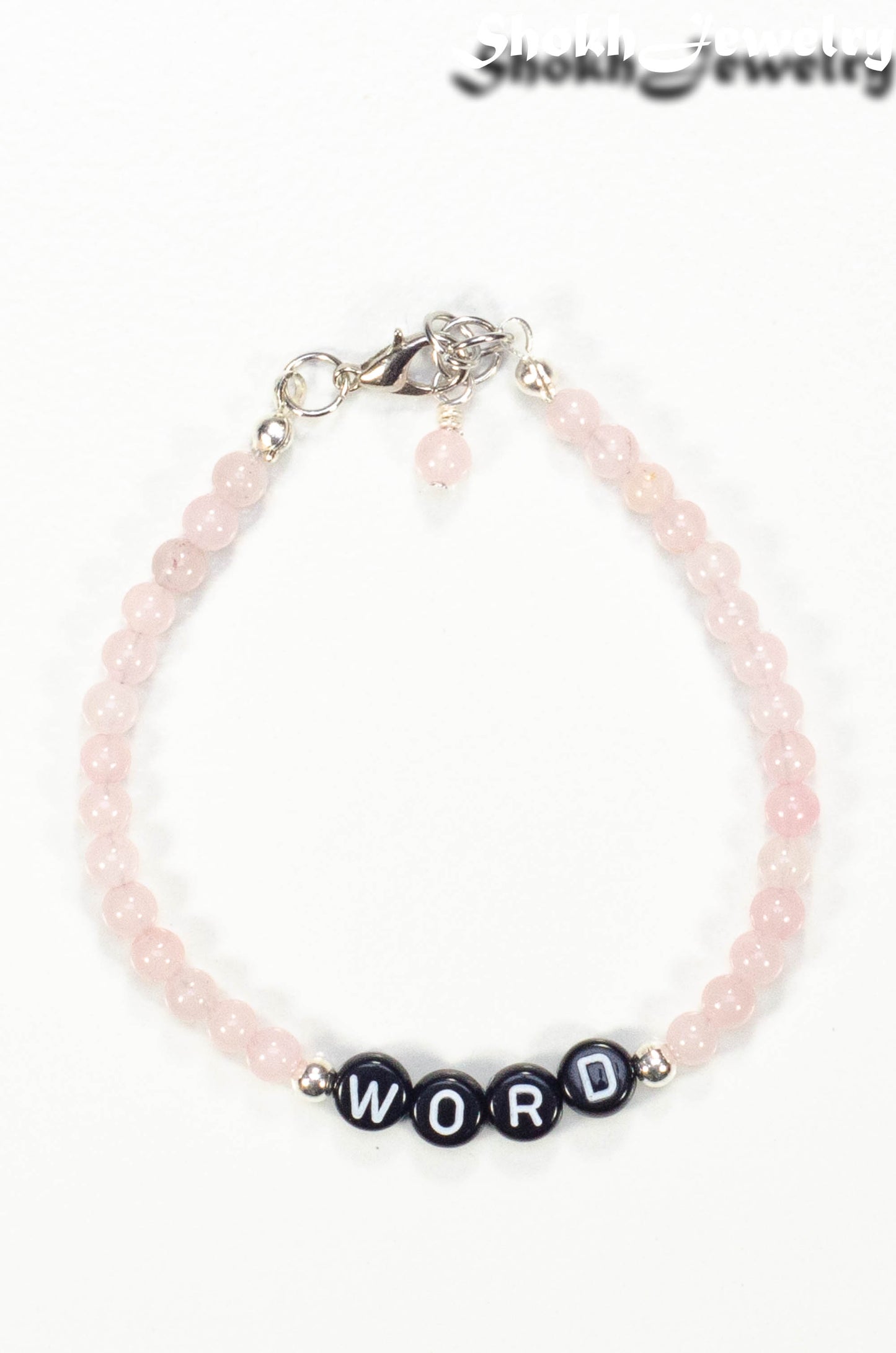 Top view of Personalized Rose Quartz Bracelet with Clasp.