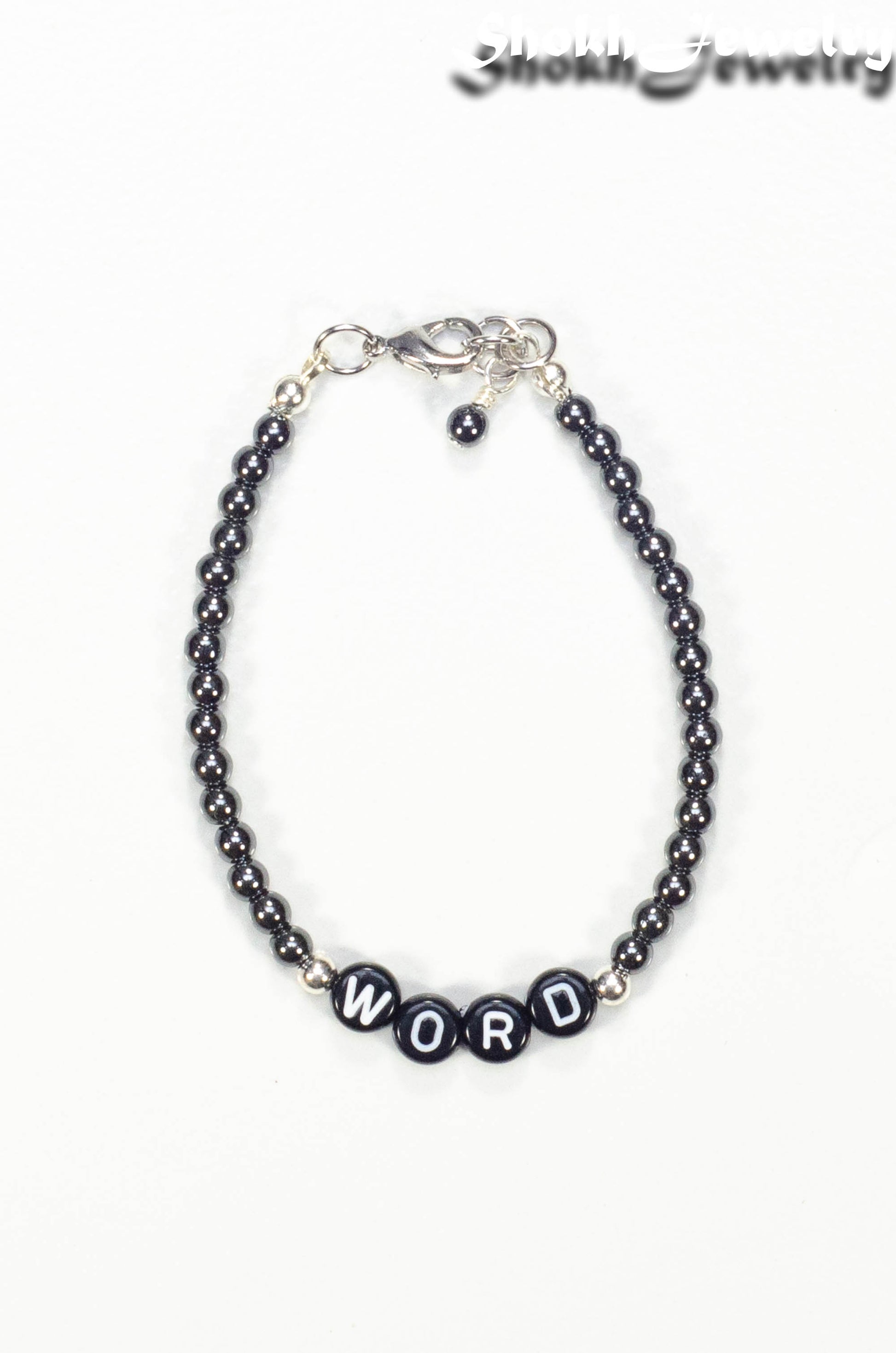 Top view of Personalized Hematite Stone Bracelet with Clasp.