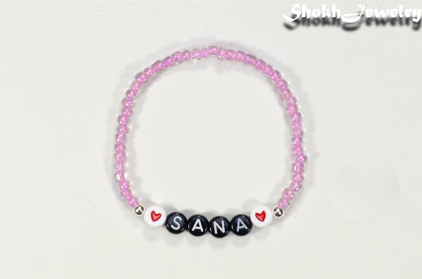 Top view of Pink Seed Beads Name Bracelet.