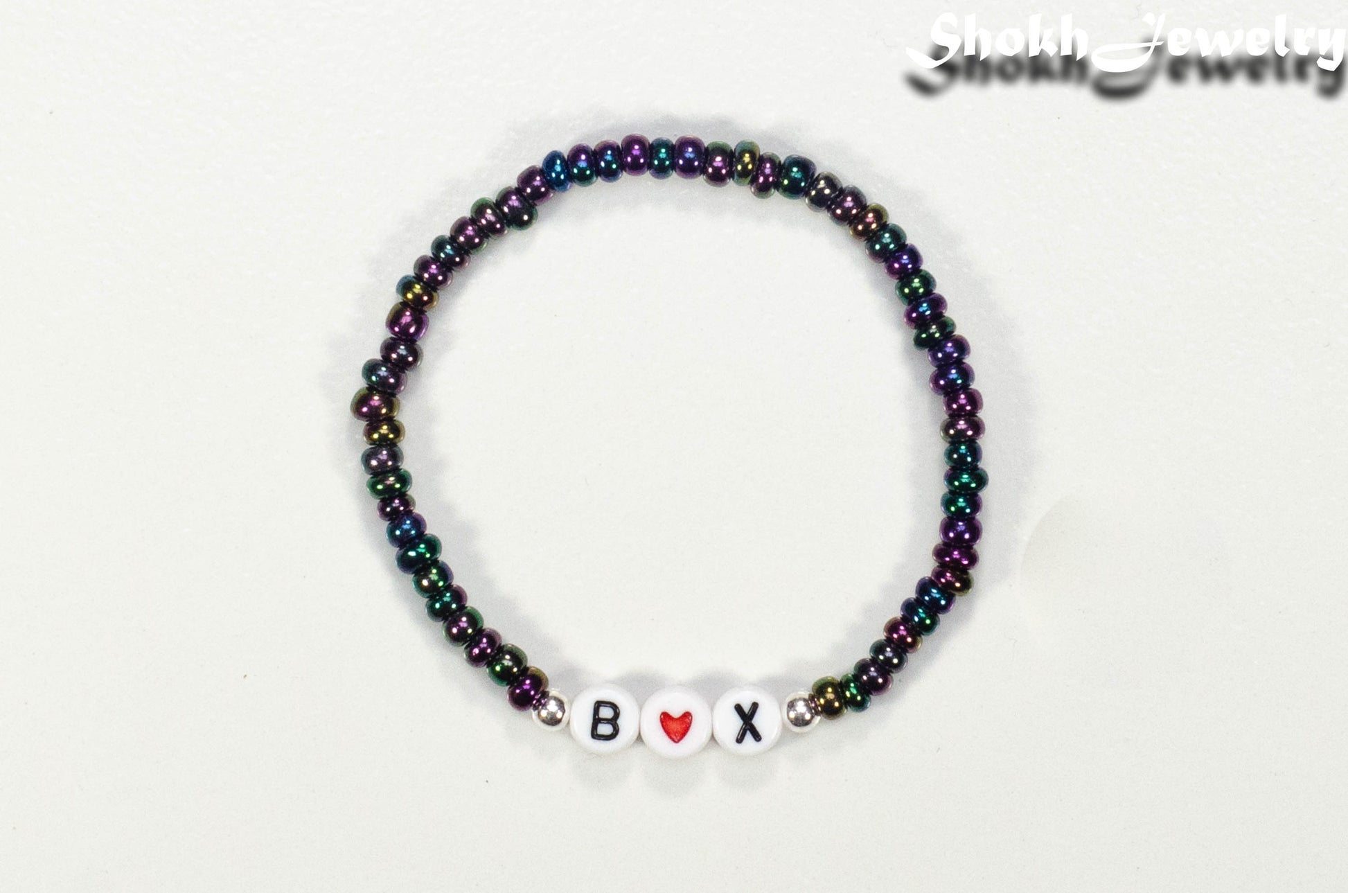 Top view of Metallic Black Seed Beads Bracelet with Initials.