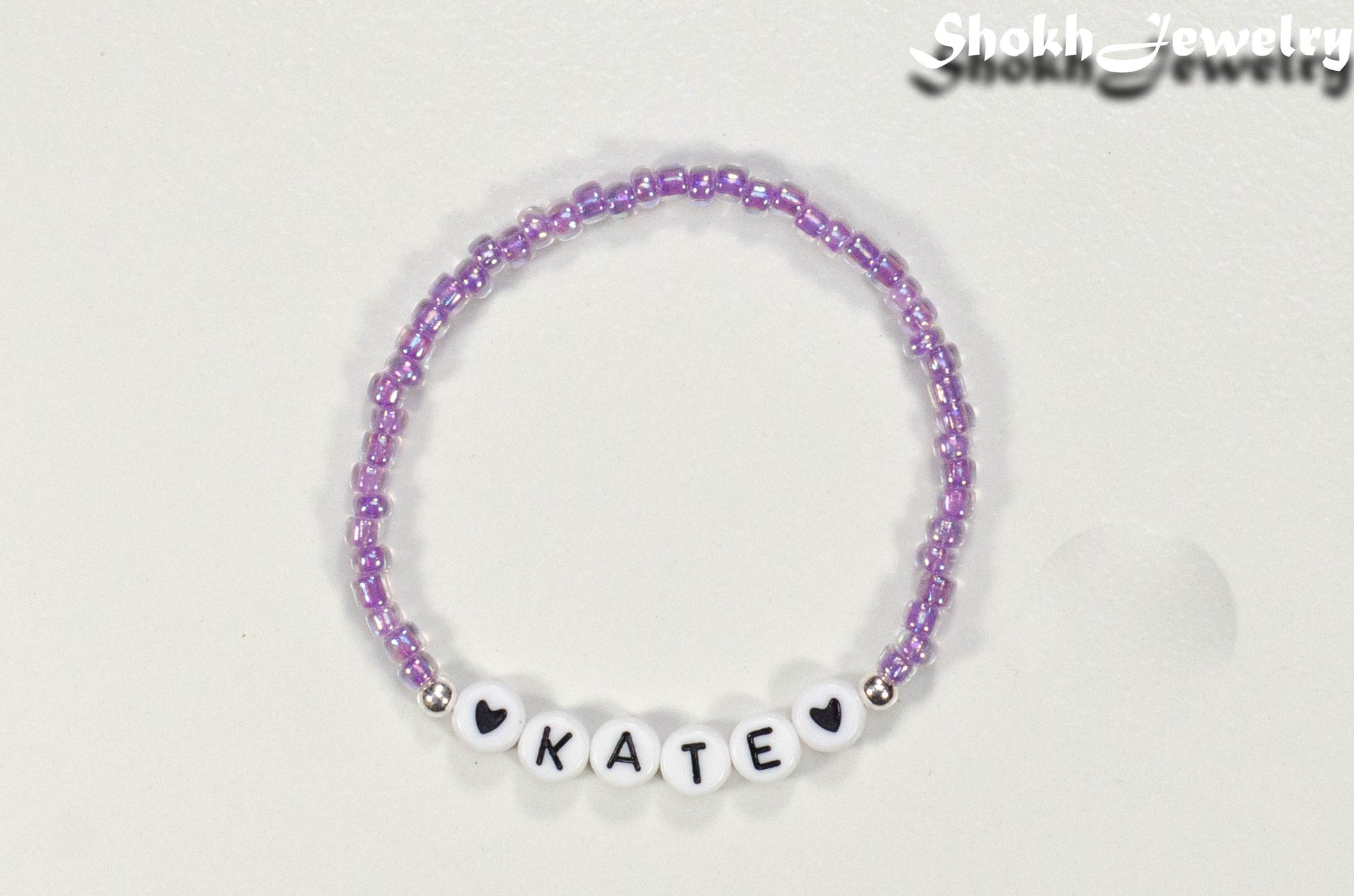 Top view of Purple Seed Beads Name Bracelet.
