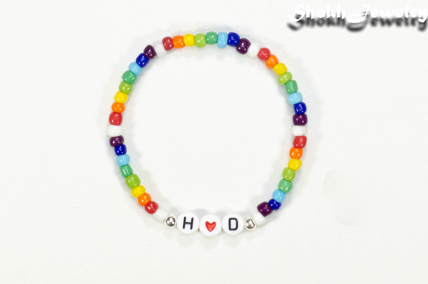 Top view of Rainbow seed beads Bracelet with Initials.