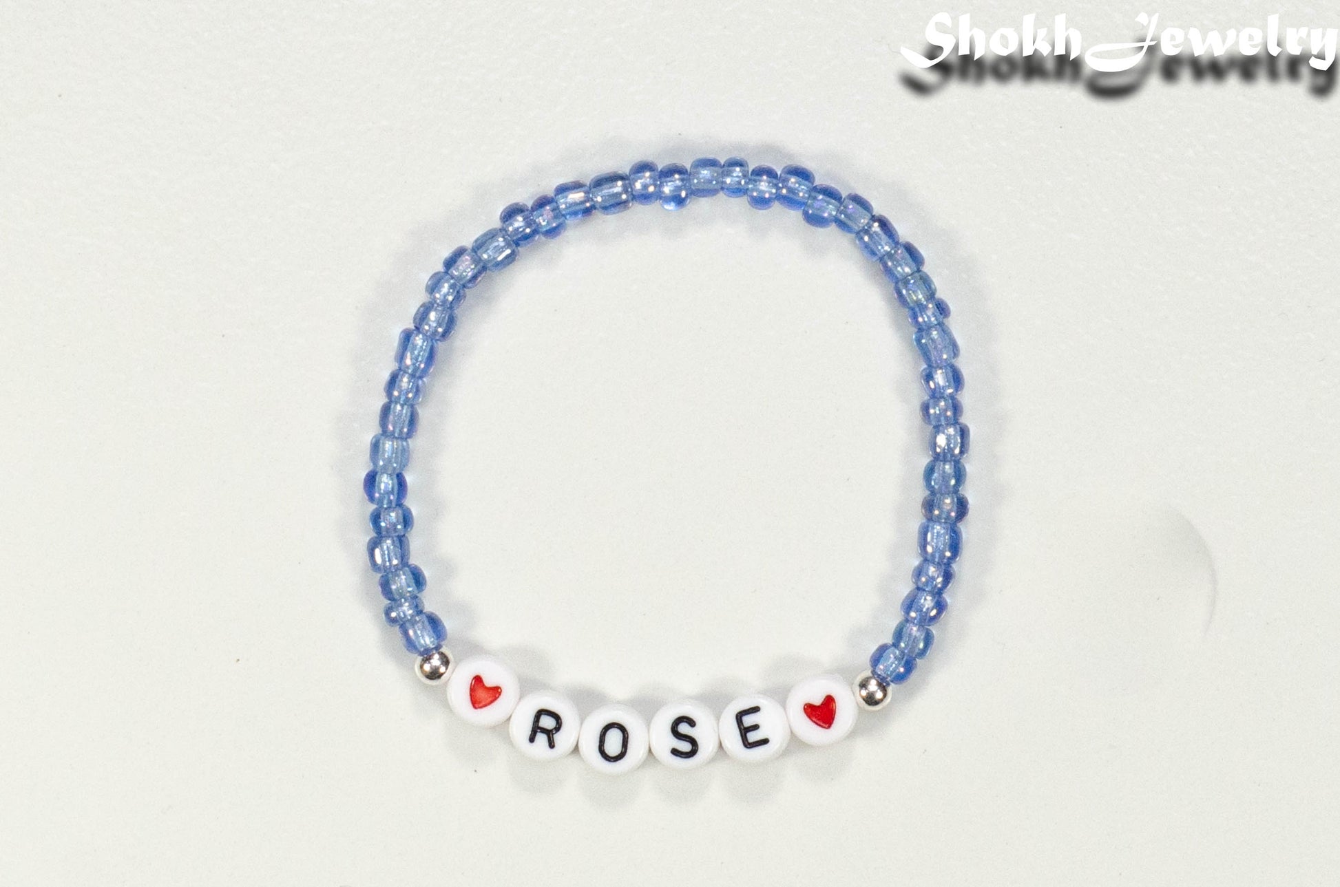 Top view of Sky Blue Seed Beads Name Bracelet.