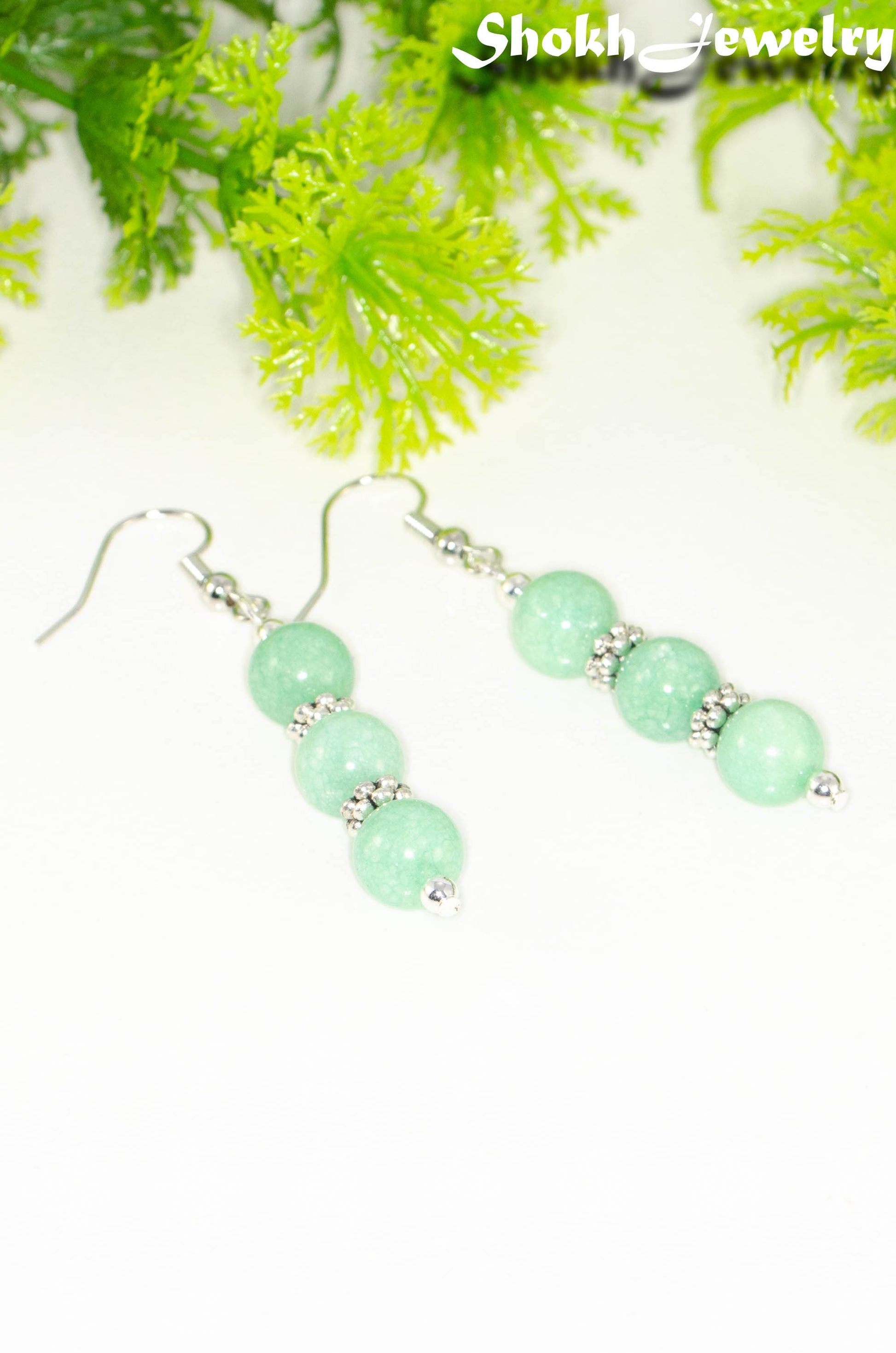 Natural Mint Green Quartz Beaded Bar Earrings.