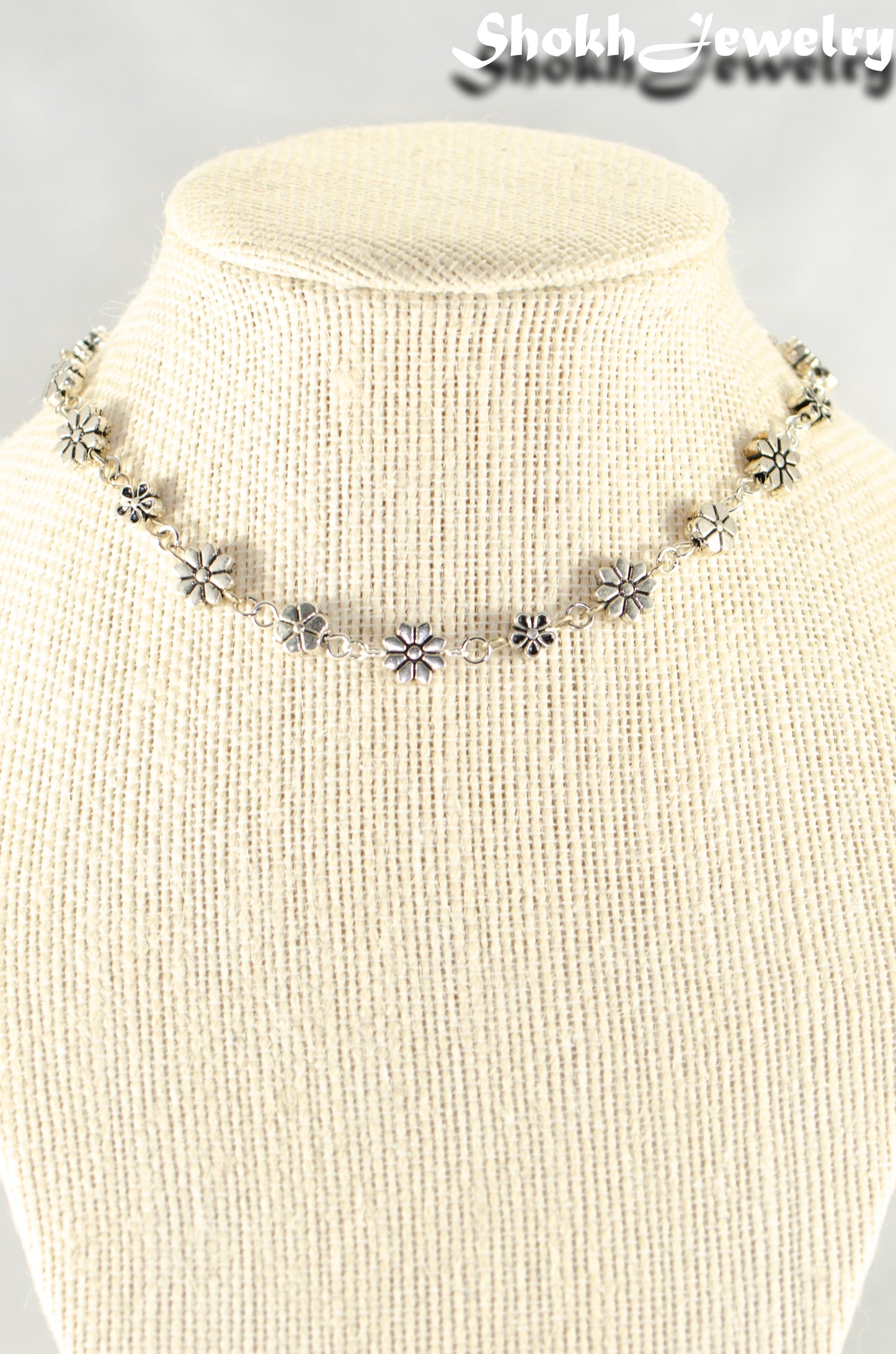 Close up of Dainty Tibetan Silver Flower Choker Necklace.