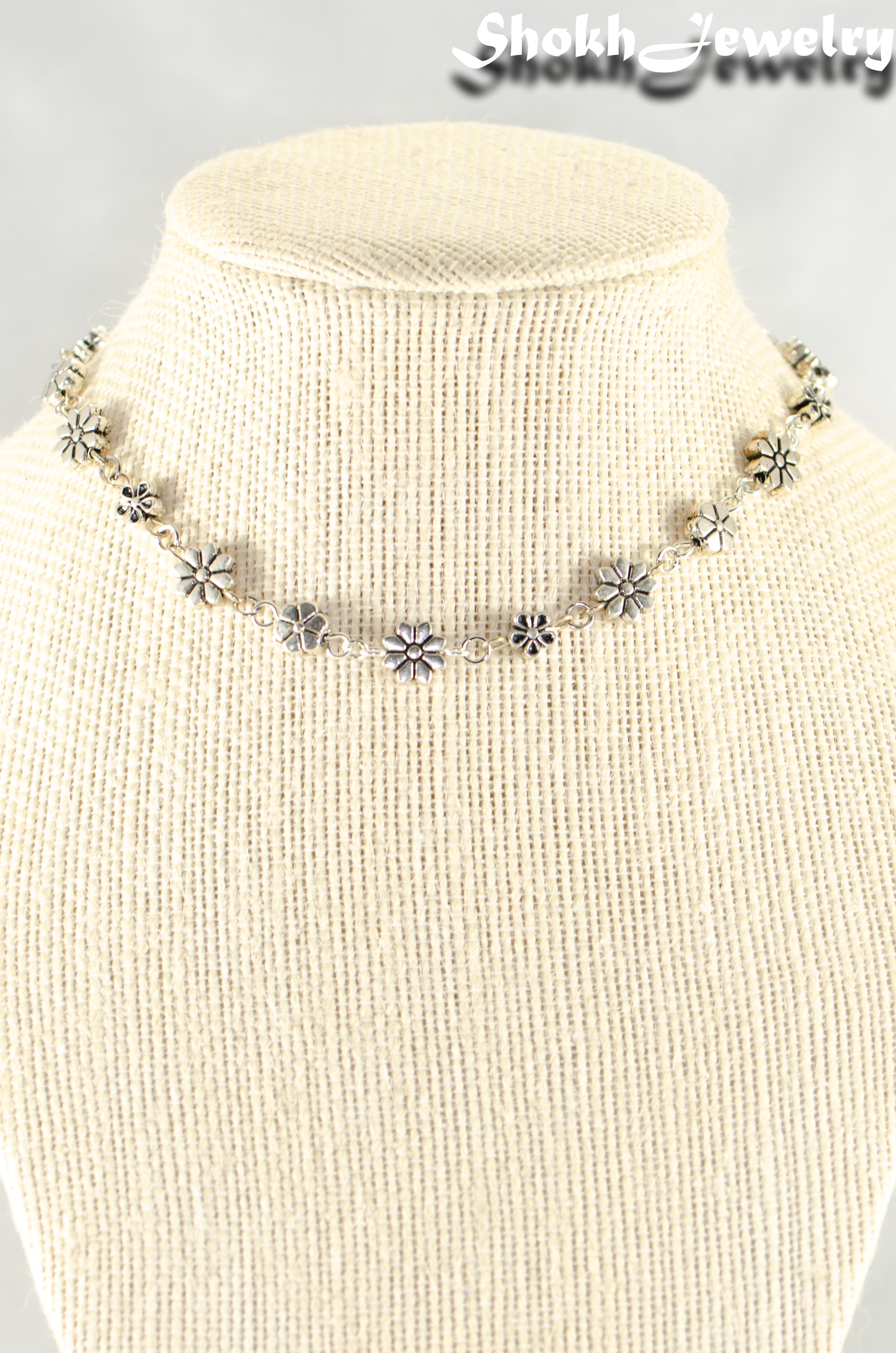 Close up of Dainty Tibetan Silver Flower Choker Necklace.