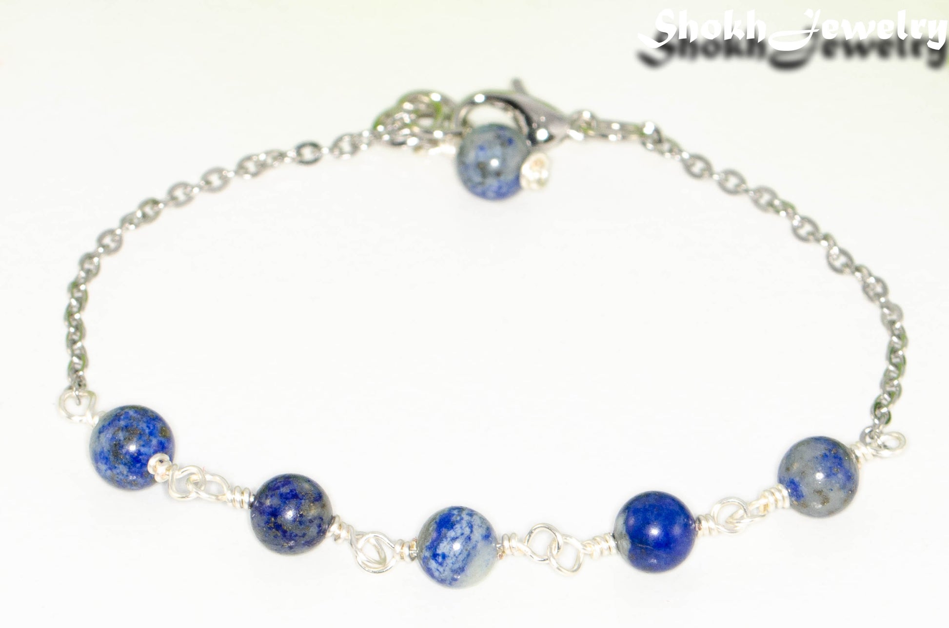 Close up of Lapis Lazuli and Stainless Steel Chain Anklet.