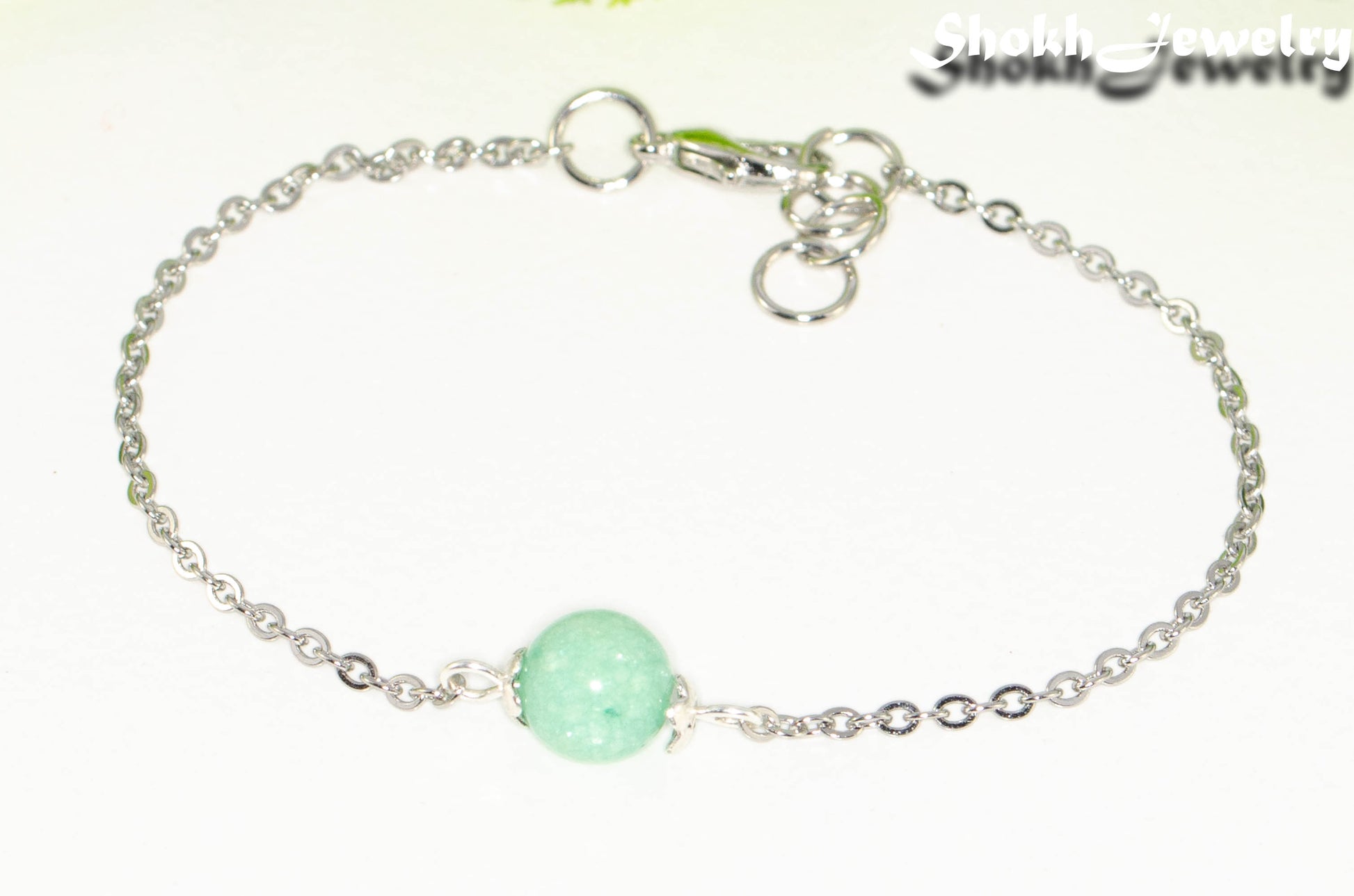 Close up of 8mm Mint Green Quartz and Chain Anklet.