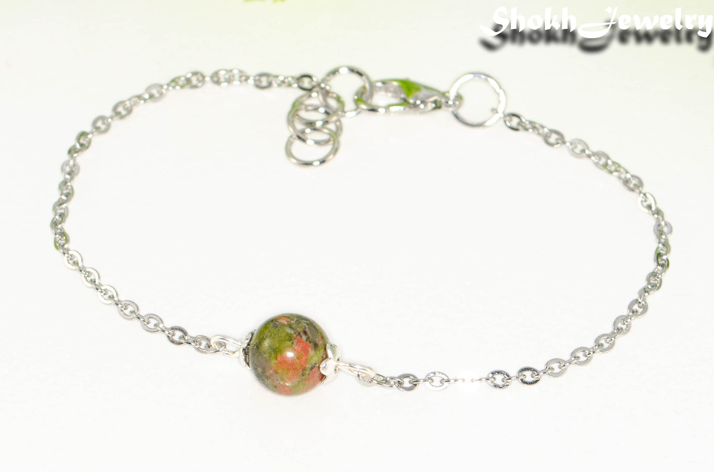 Close up of 8mm Unakite Jasper and Chain Anklet.