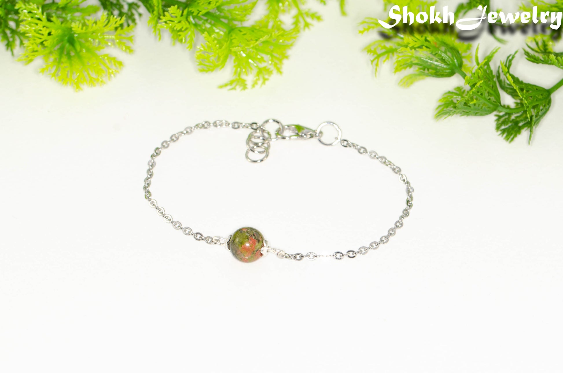 8mm Unakite Jasper and Chain Anklet.