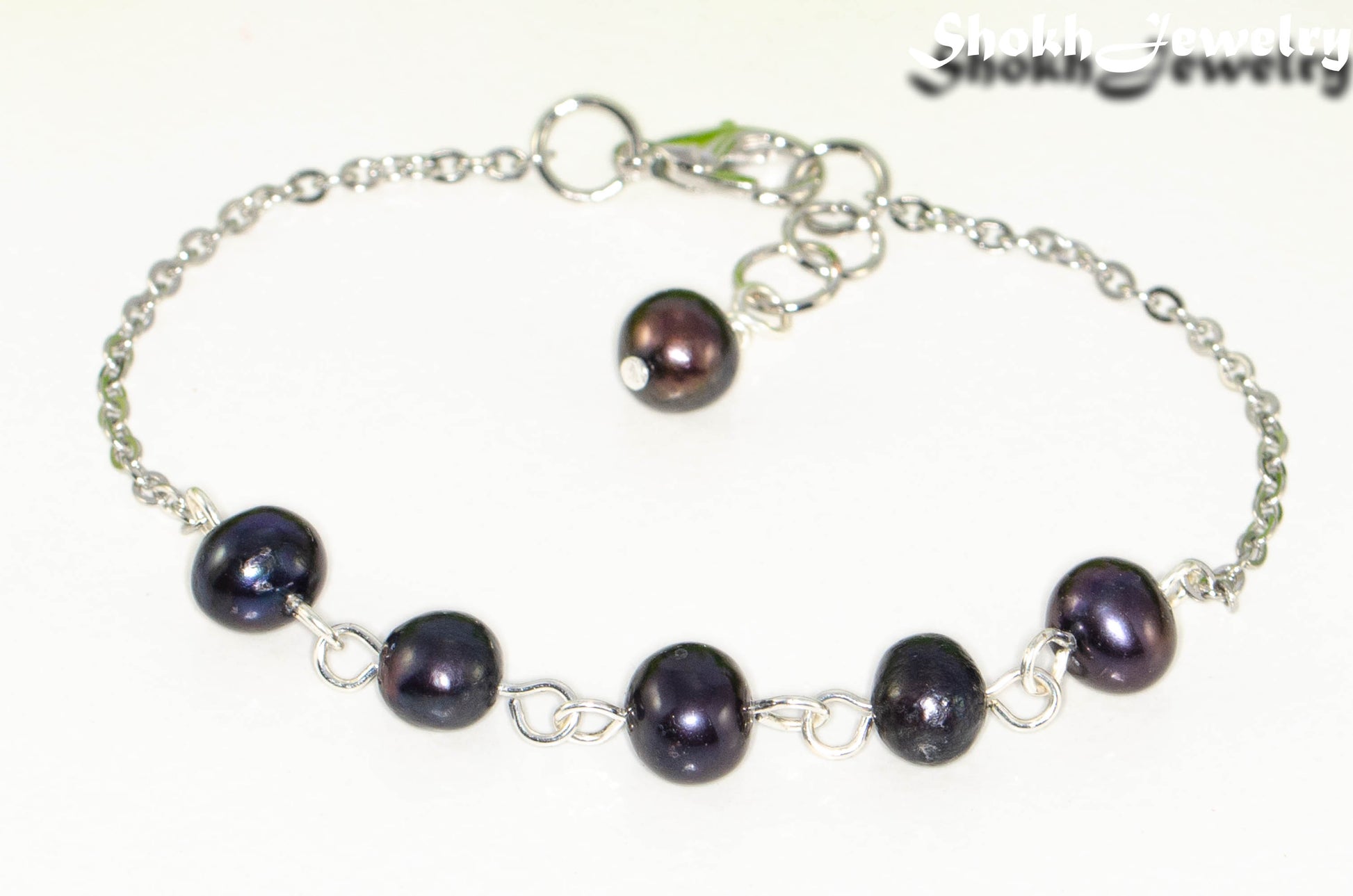 Close up of Black Pearl and Stainless Steel Chain Anklet.