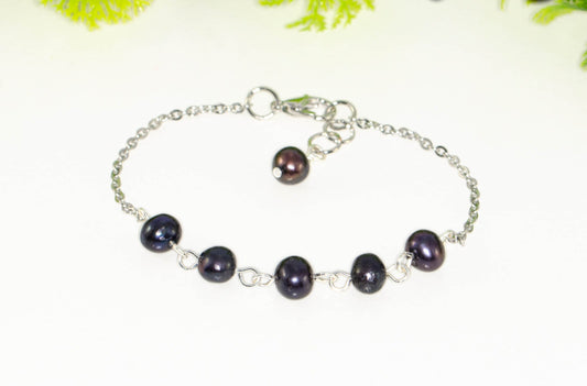 Black Pearl and Stainless Steel Chain Anklet.