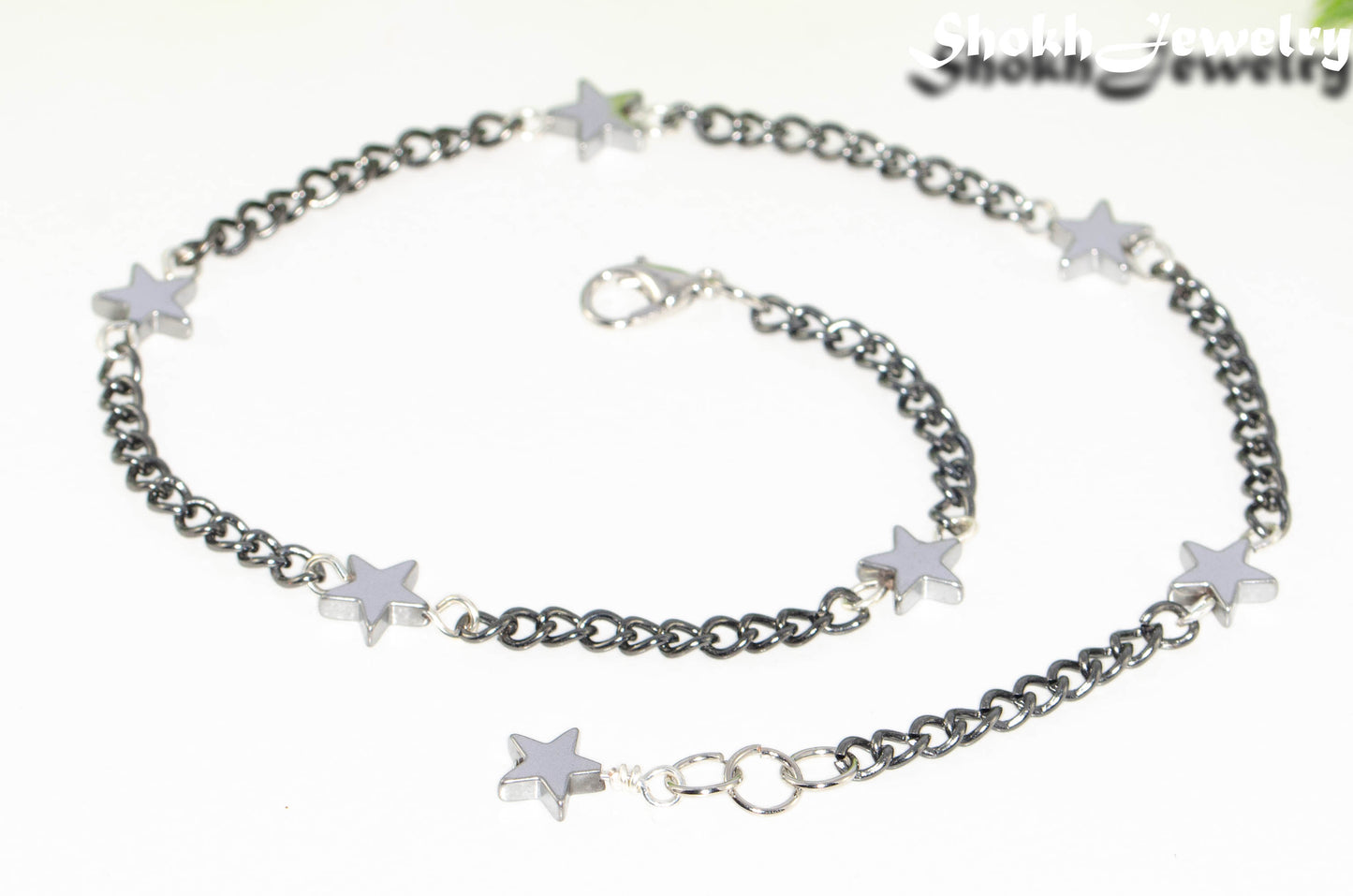 Close up of Natural Hematite Star and Black Chain Anklet