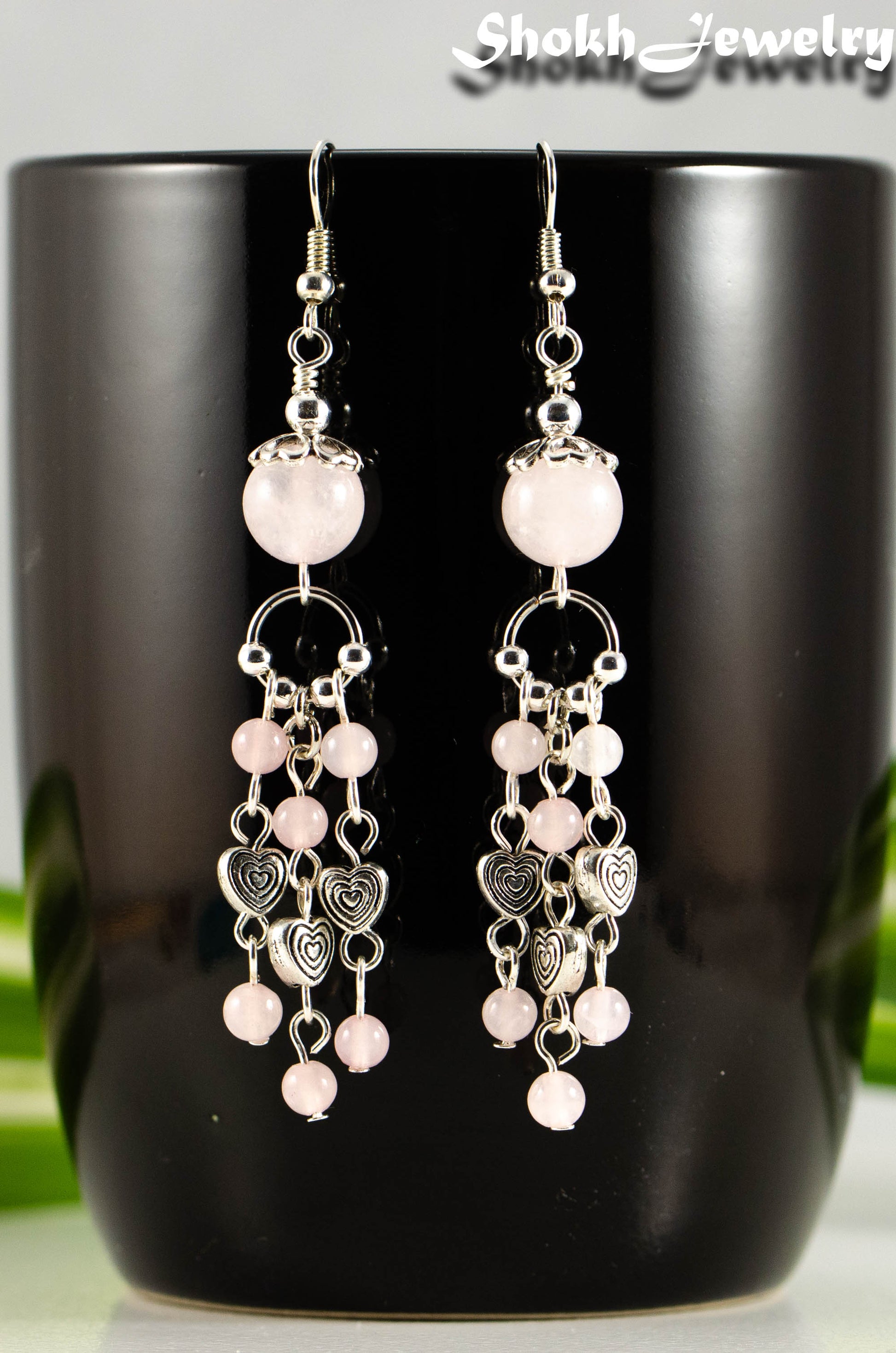 Statement Rose Quartz and Heart Chandelier Earrings.