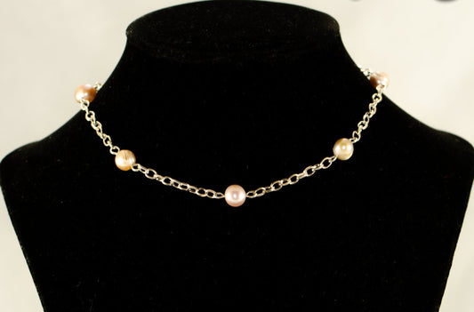 Lavender Freshwater Pearl and Dainty Chain Choker Necklace displayed on a bust.