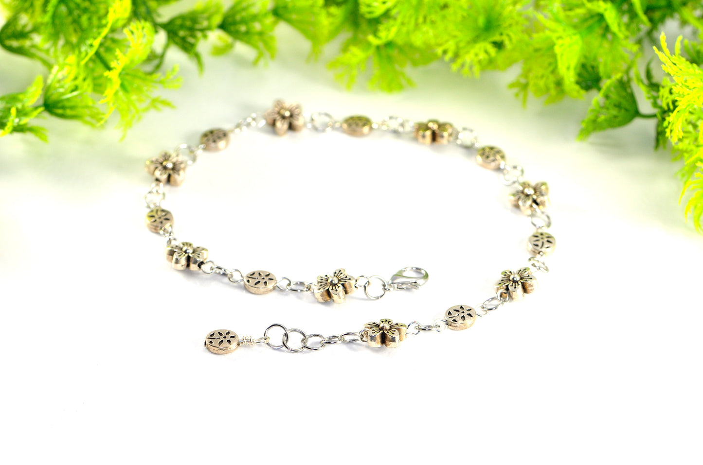 Large Tibetan silver flower Link Anklet for Women