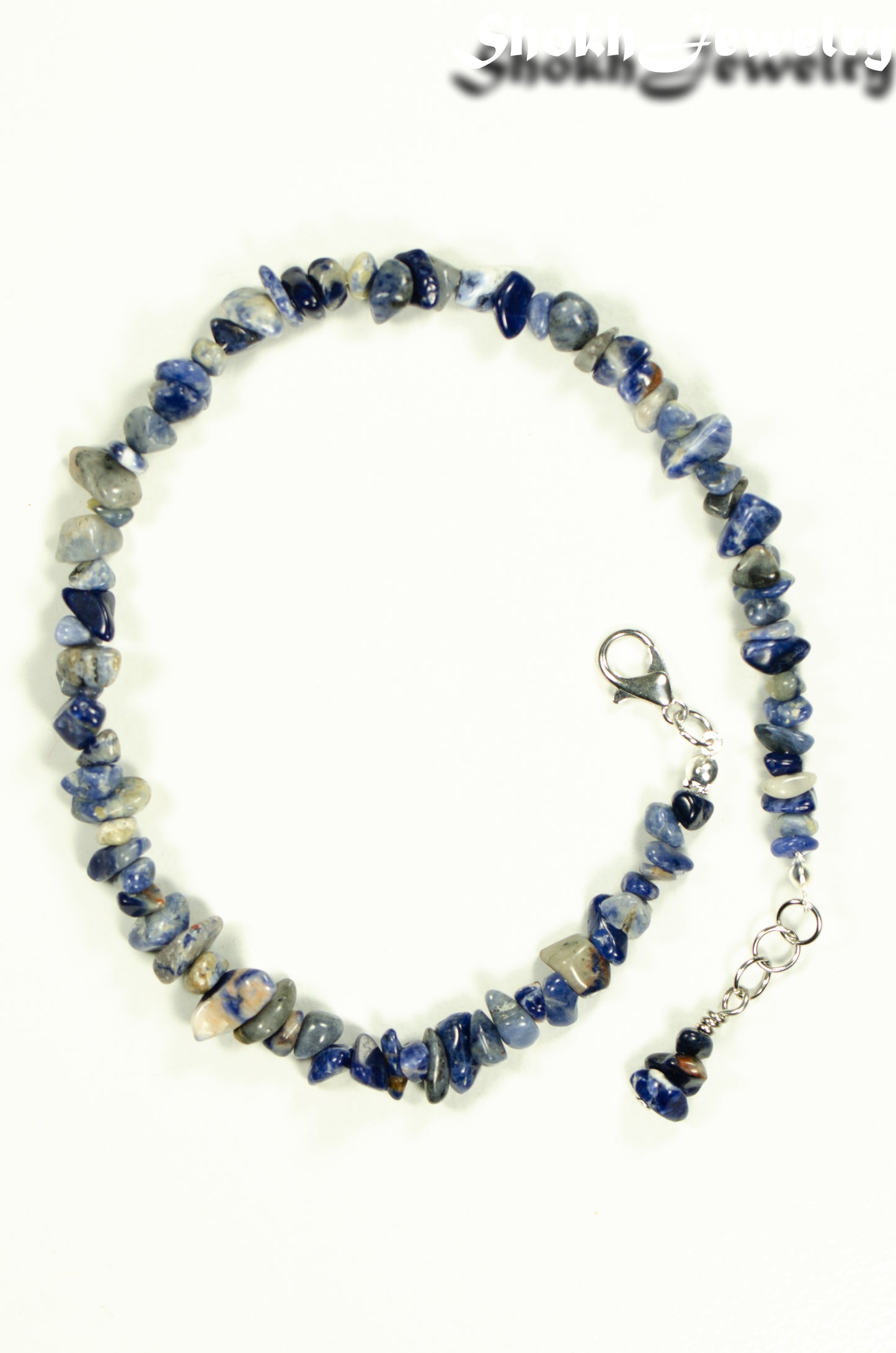 Top view of Natural Sodalite Crystal Chip Anklet.