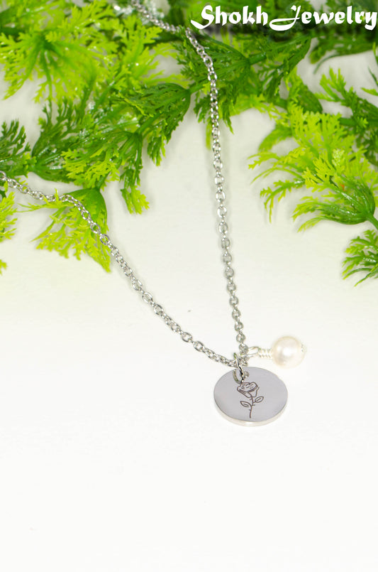 June Birth Flower Necklace with Freshwater Pearl Birthstone Pendant.