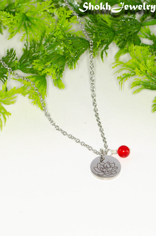 July Birth Flower Necklace with Red Ruby Birthstone Pendant.